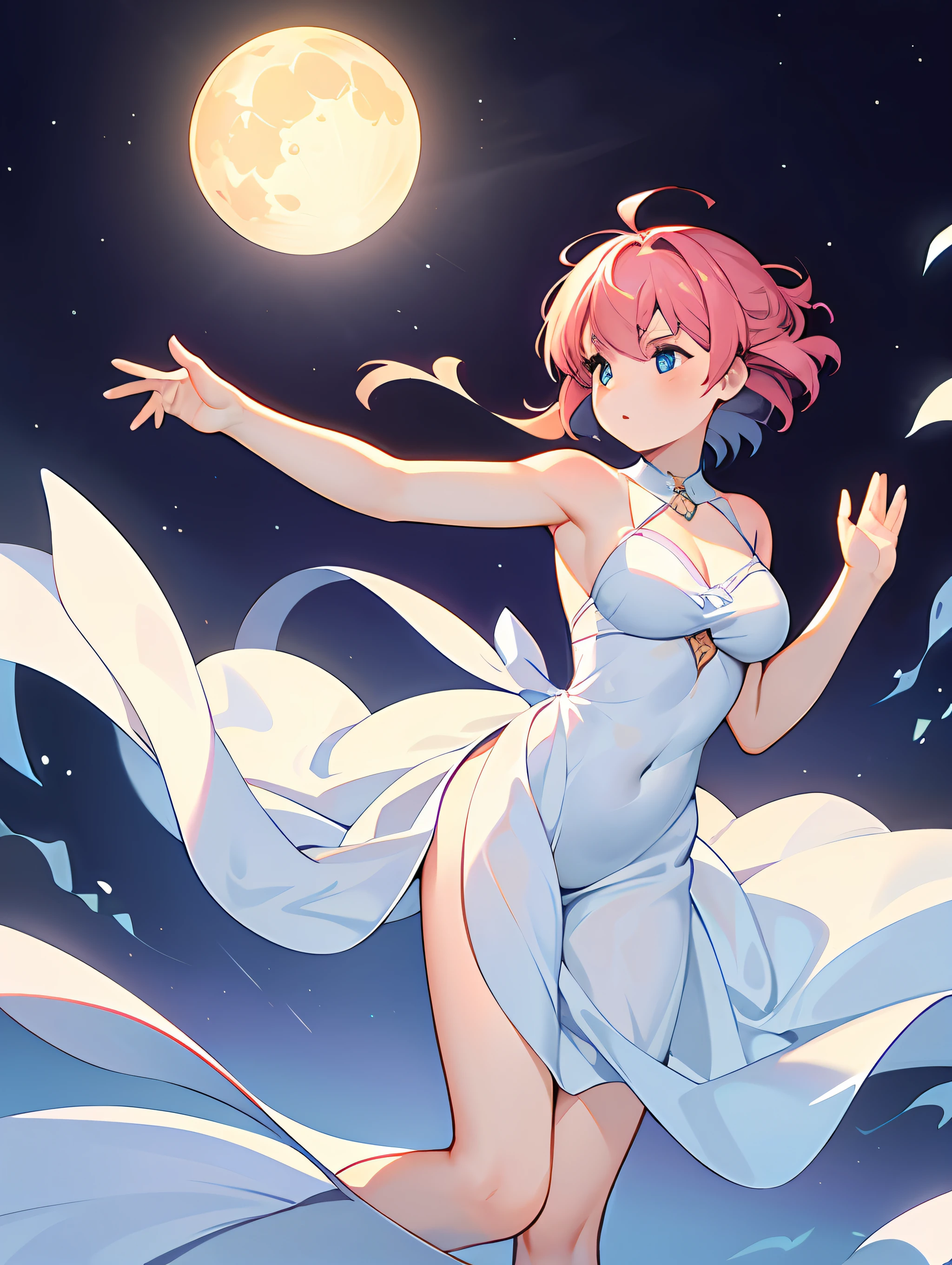 "Floating gracefully in front of a glowing full moon, a stunning woman drifts among a sea of twinkling stars, showcasing her beautiful female silhouette (1.5). The modern style (1.2) of this piece is highlighted through intricate graphics and delicate engraving."