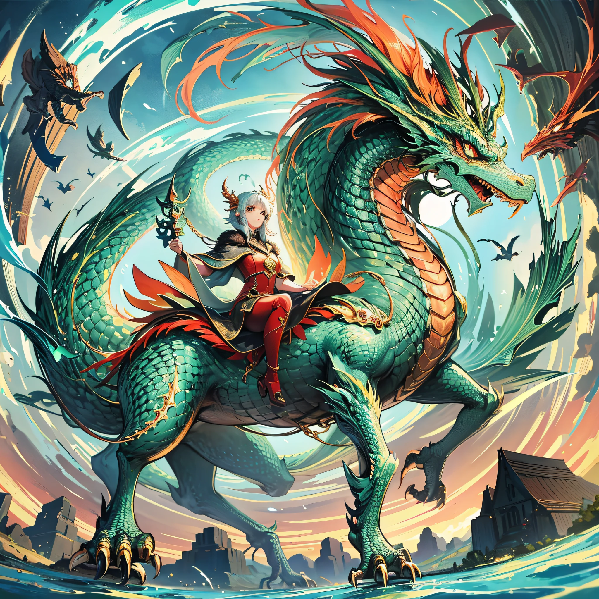 Clear and grand scene, ((dragon + dragon + flight) / 2:1.2 + sky / 3:0.9) The central lord of the dragon, (hill + environment: 0.8) at its feet. --auto --s2