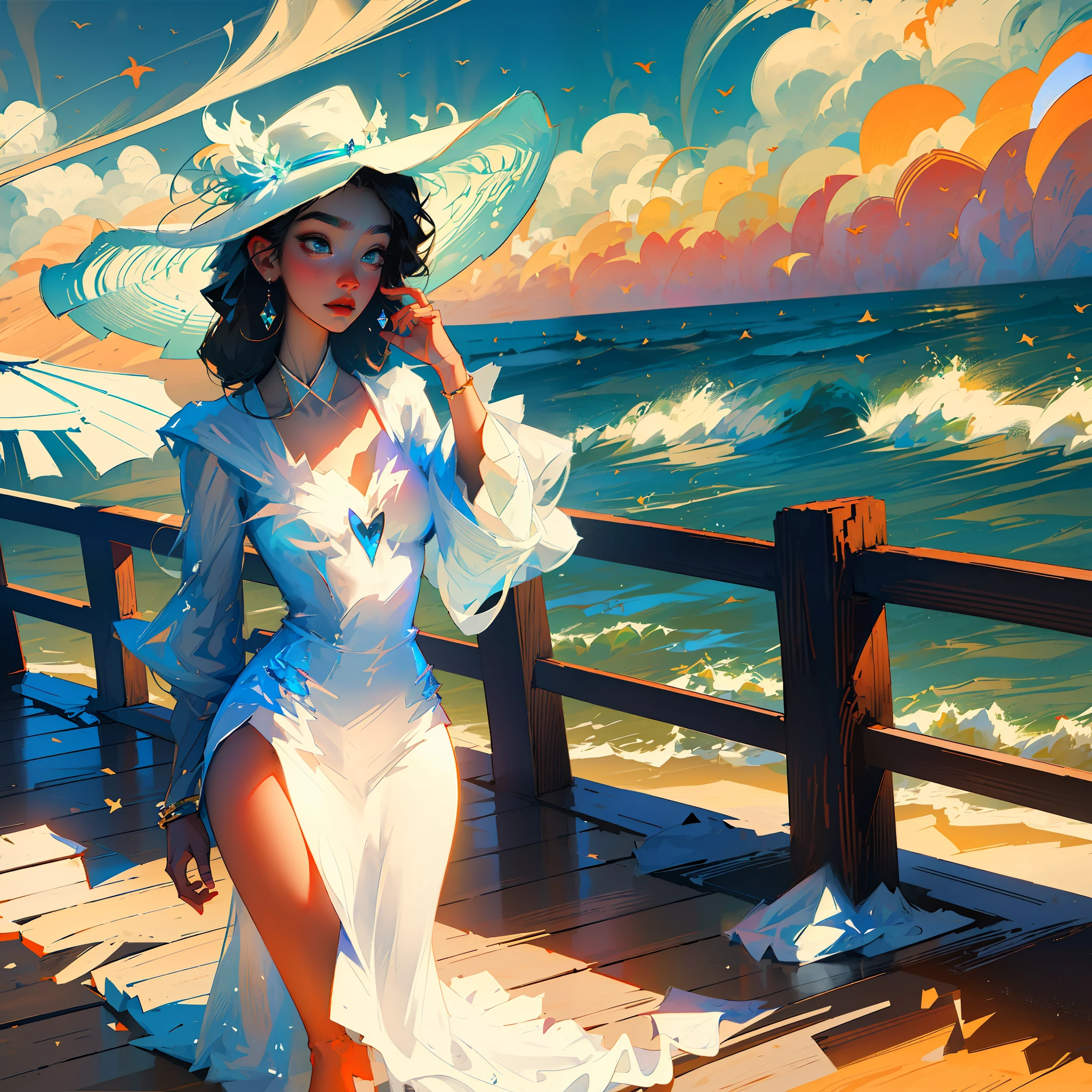 (An elegant masterpiece) with the best quality and ultra-detailed CG unity 8k wallpaper. (Best illumination and shadow) create a stunning and striking image of a (beautiful and gorgeous) girl in a (scenic beach) wearing a (white hat).