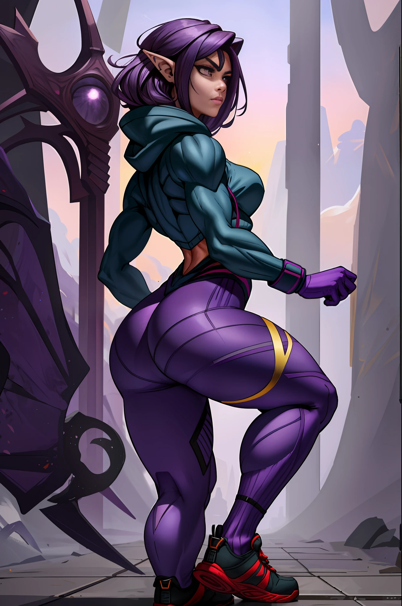 1girl, (((solo)))), bodybuilder, musuclar, hoodie oversized, big ass, strong shoulders, auburn long purple hair, purple eyes,masterpiece, best quality, shoes, full body, posing for a photo, beautifully color-coded, socks, scrunchbutt leggings white background, studio, looking away, hooded, elf ear