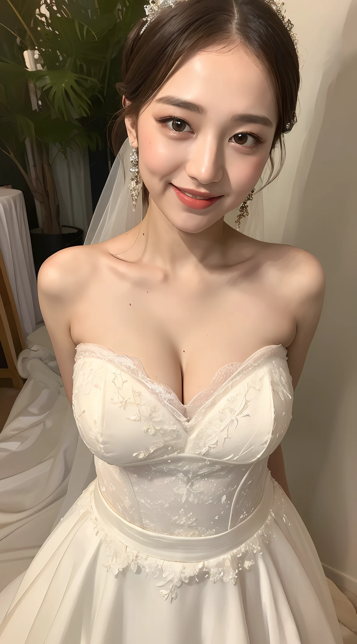 ((Best Quality, 8K, Masterpiece:1.3)), 1girl, Full body photo perfect body beauty, (casual hairstyle), (Queen), (exposed big breasts), (wedding dress), super fine face, delicate eyes, double eyelids, smile, bandeau skirt, lace panties,