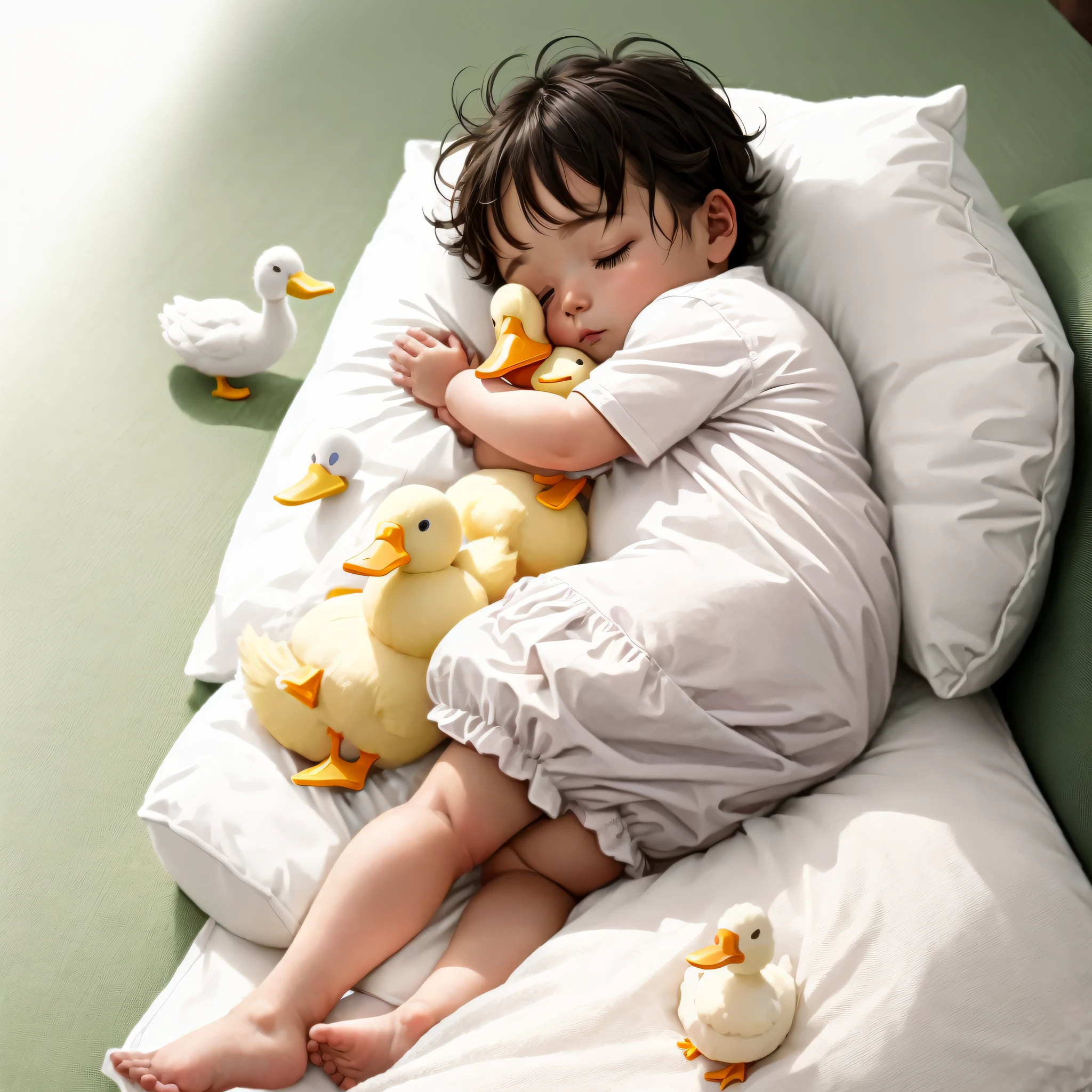 there is a  sleeping on a pillow with a duck on it, sleeping, cutest, duck, swan, h. u. d, asleep, resting, resting on a pillow, cute, littaper-shaped, foam, goose, float, holding a white duck, overflowing with diapers, full - body, full-body, sleepy, zun