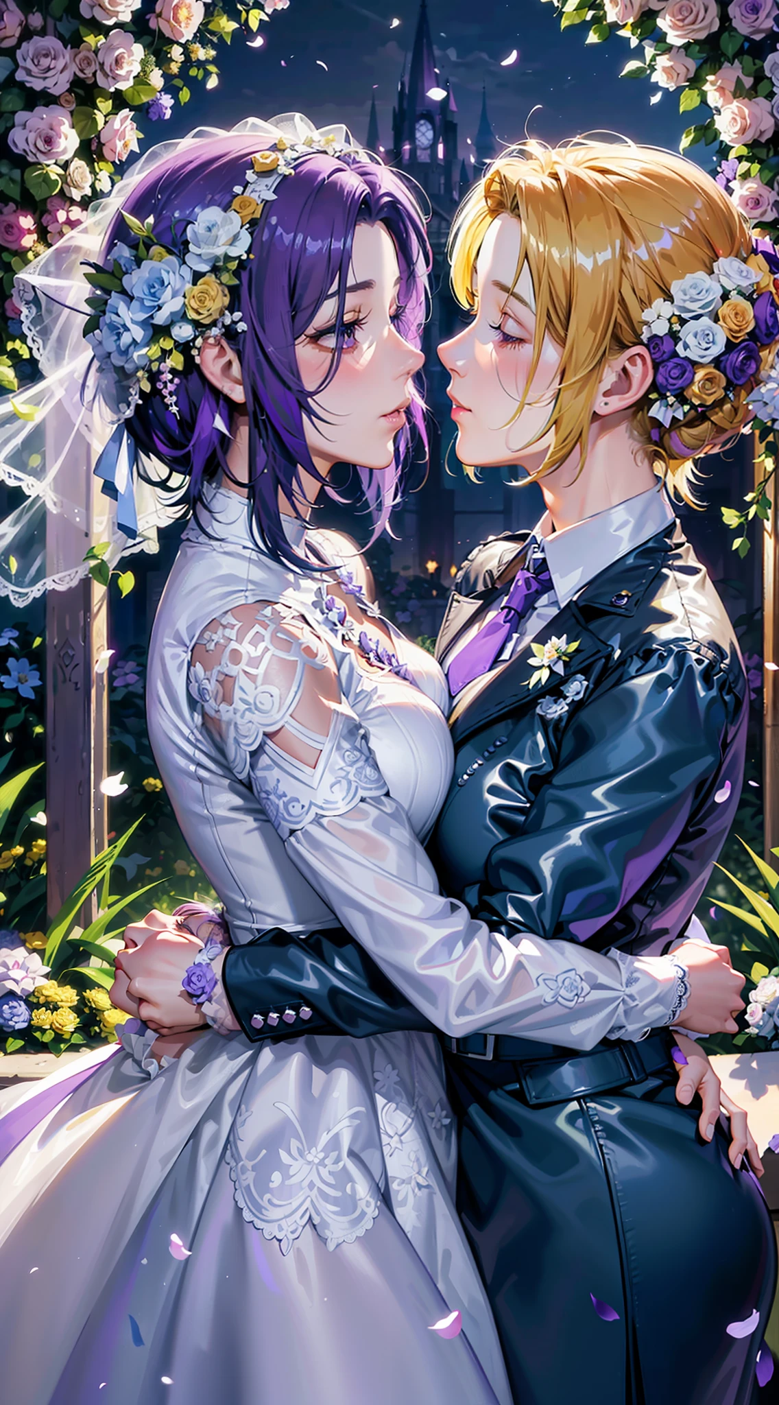 8K, Masterpiece, One Purple Hair and One Yellow Hair, Bride Hugging Each Other in a Garden of Flowers, Photo of Pat Adams, Romanticism, Lesbian Kiss, Alana Fletcher, Lesbian Hug, Kissing Each Other, Bride, Kissing Together, Hugging Each Other, Kissing Together Perfectly, Clovely, Goddess, Two Beautiful Women in Love, Bouquet