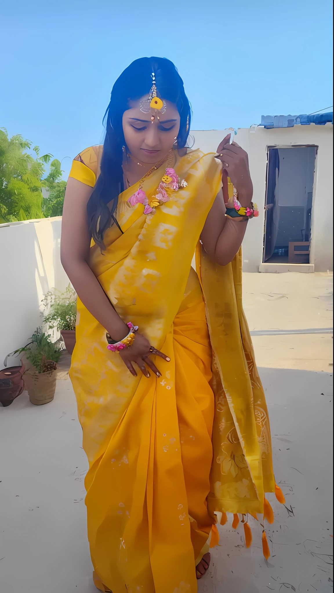 a woman in a yellow sari is holding a flower, dressed in a sari, with yellow cloths, traditional beauty, wearing sari, wearing a sari, very beautiful enga style, with lovely look, wearing wheat yellow gauze, in style of neodada, wearing a steampunk sari, she is about 1 6 years old, very beautiful photo, very very low quality picture