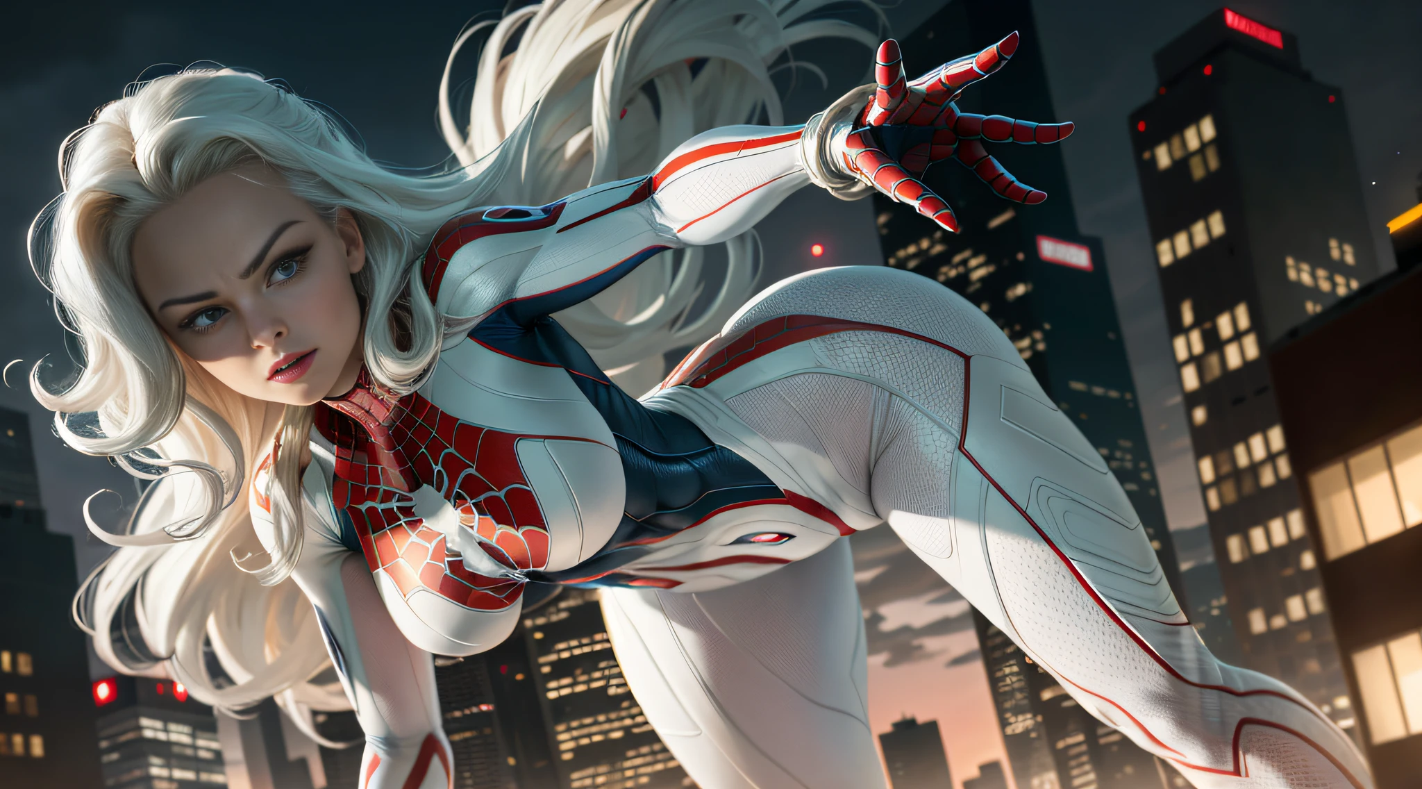 Margot Robbie (Masterpiece, 4k resolution, ultra-realistic, very detailed), (White superhero theme, charismatic, there's a girl at the top of town, wearing Spider-Man costume, she's a superhero), [ (25 years), (long white hair:1.2), full body, (blue eyes:1.2), ((Spider-Man pose),show of strength, jumping from one building to another), ((sandy urban environment):0.8)| (cityscape, at night, dynamic lights), (full moon))] # Explanation: The Prompt mainly describes a 4K painting of ultra-high definition, very realistic, very detailed. It shows a superheroine at the top of the city, wearing a Spider-Man costume. The theme in the painting is a white superhero theme, the female protagonist has long white hair, is 25 years old and her entire body is shown in the painting. In terms of portraying the actions of superheroines, spiders are employed