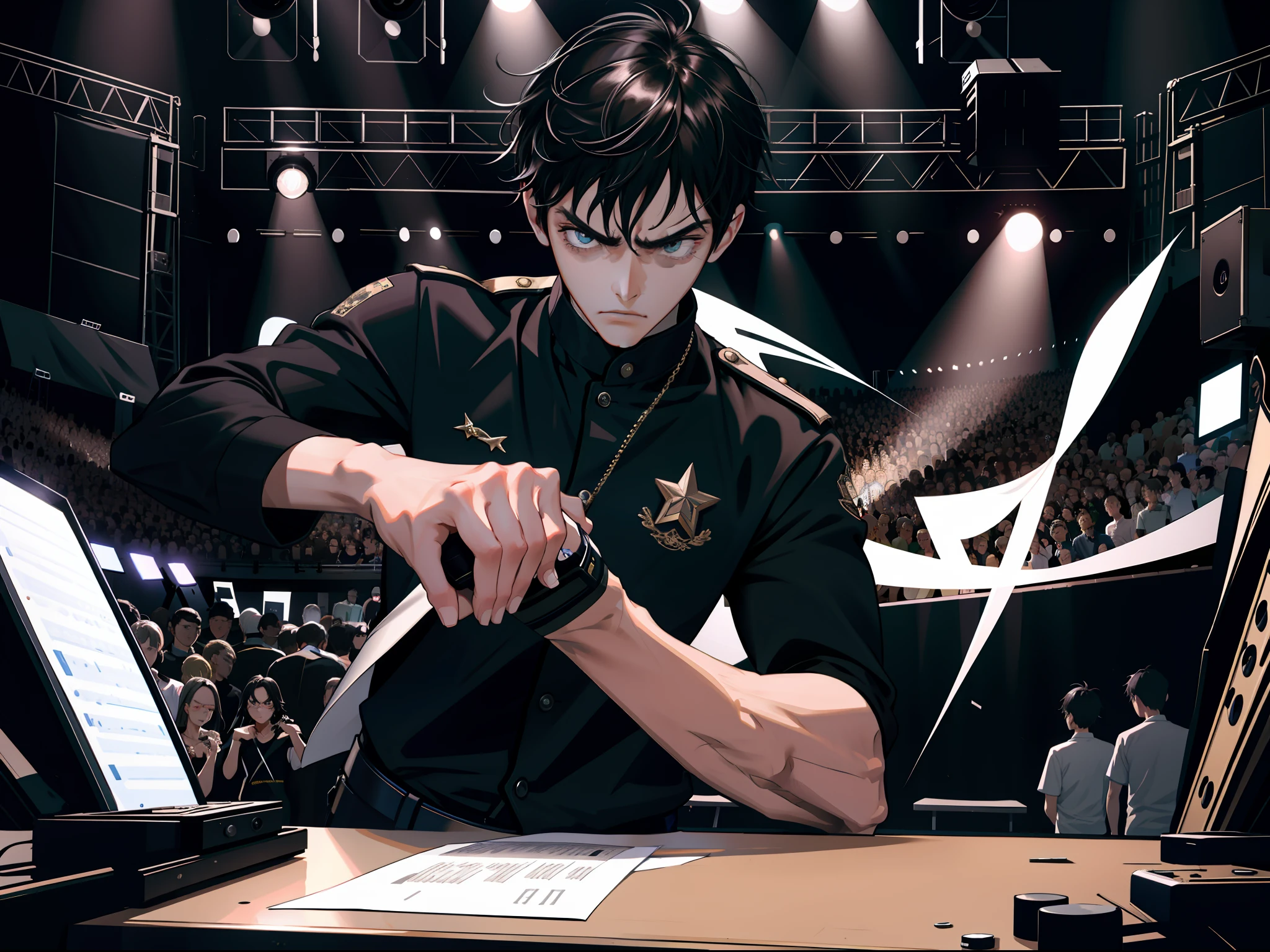Masterpiece, best quality, very detailed CG unified 8k wallpaper, best quality, very detailed, detailed, (concert backstage), (a 25-year-old male star, frowning and angry, hands on the table, black hair, very angry, concert backstage