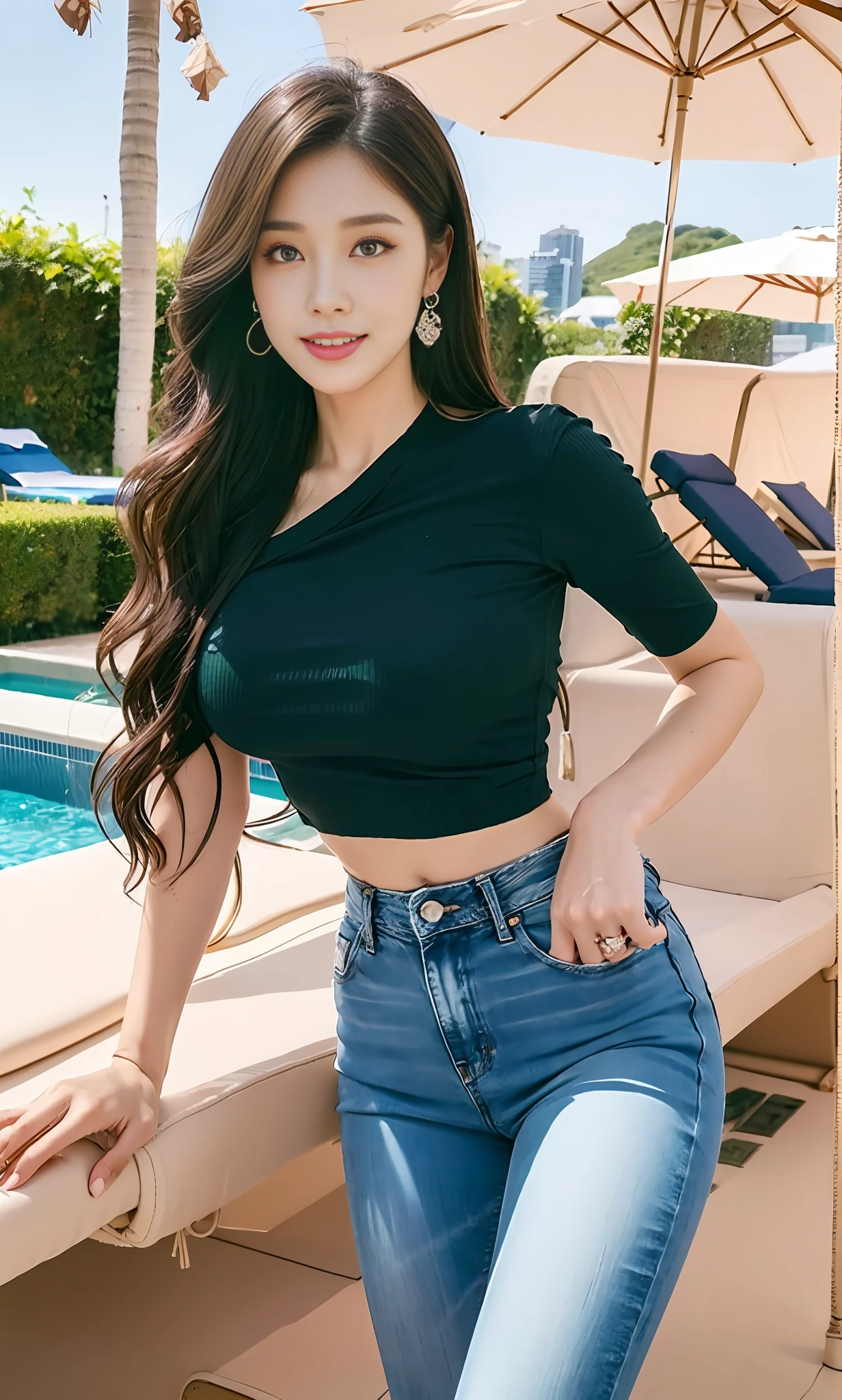 Alaf woman in pink top and jeans, Korean female fashion model, photo of slim girl model, wearing tight simple clothes, thin waist and thick buttocks: 1.1, gorgeous young Korean woman wearing sexy cropped top in crop top with crop top, Korean girl, casual dress style, 2 4 year old female model, beautiful Korean woman, HD, 16k, realistic, small round face: 0.75, realistic perfect face and skin, detailed beautiful glasses, double eyelids, long eyelashes, swollen eyes, small mouth, Realistic face and eyes, facial light, super detailed facial details, lip gloss, blush: 1.0, brand open crop top (pink, open V-neck, super realistic detailed clothes: 0.8, huge boobs: 1.5, perfect breasts and bulge: 1.5), high-end brand skinny jeans ((super realistic detailed jeans: 0.75)), perfect big boobs, perfect breasts, perfect waist, perfect buttocks, (pose enchanting, beautiful, sexy: 1.0), White and tender toes: 1.2, wearing high-end designer crystal sandals (stiletto heels: 0.5), smiling teeth: 1.0, private shooting, private shooting, background ((super luxurious yacht, green venue, buffet table, swimming pool, poolside parasols and beach chairs)), dusk light, wide lighting, natural shadows: 1.0, autofocus: 1.2, lying on chair: 1.5 (sexy pose: 1.5), shooting from the best angle, shooting full body: 1.5
