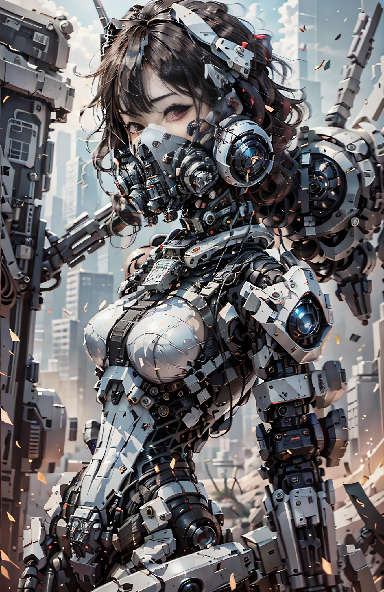 This is a CG Unity 8k wallpaper with ultra-detailed, high-resolution and top quality in cyberpunk style, dominated by black and red. In the picture, a beautiful girl with white messy short hair, a delicate face, wearing a steam mecha mask, standing on the ruins, behind her is a huge robot, and the action of a woman holding a heavy sniper rifle in her hand,