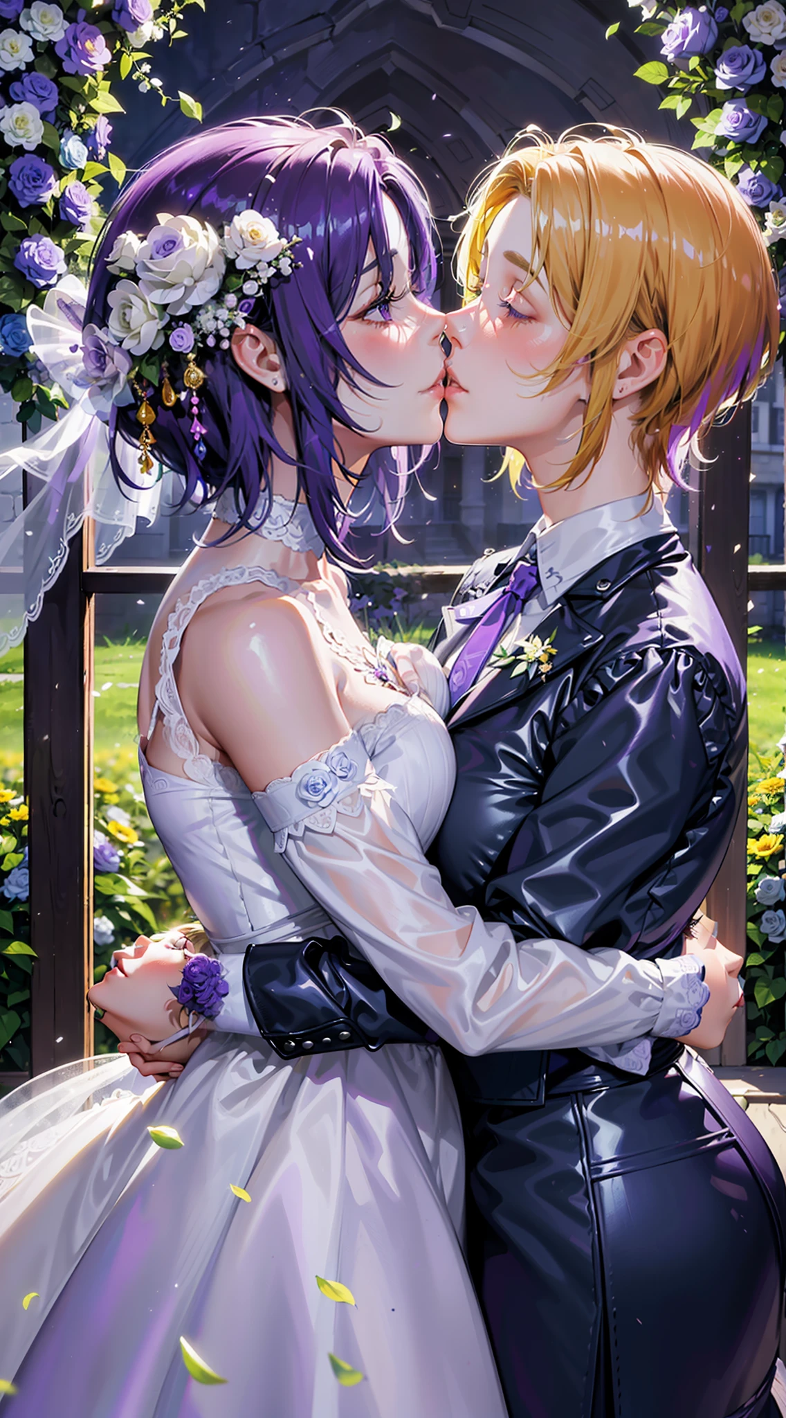 8K, Masterpiece, One Purple Hair and One Yellow Hair, Bride Hugging Each Other in a Garden of Flowers, Photo of Pat Adams, Romanticism, Lesbian Kiss, Alana Fletcher, Lesbian Hug, Kissing Each Other, Bride, Kissing Together, Hugging Each Other, Kissing Together Perfectly, Clovely, Goddess, Two Beautiful Women in Love, Bouquet