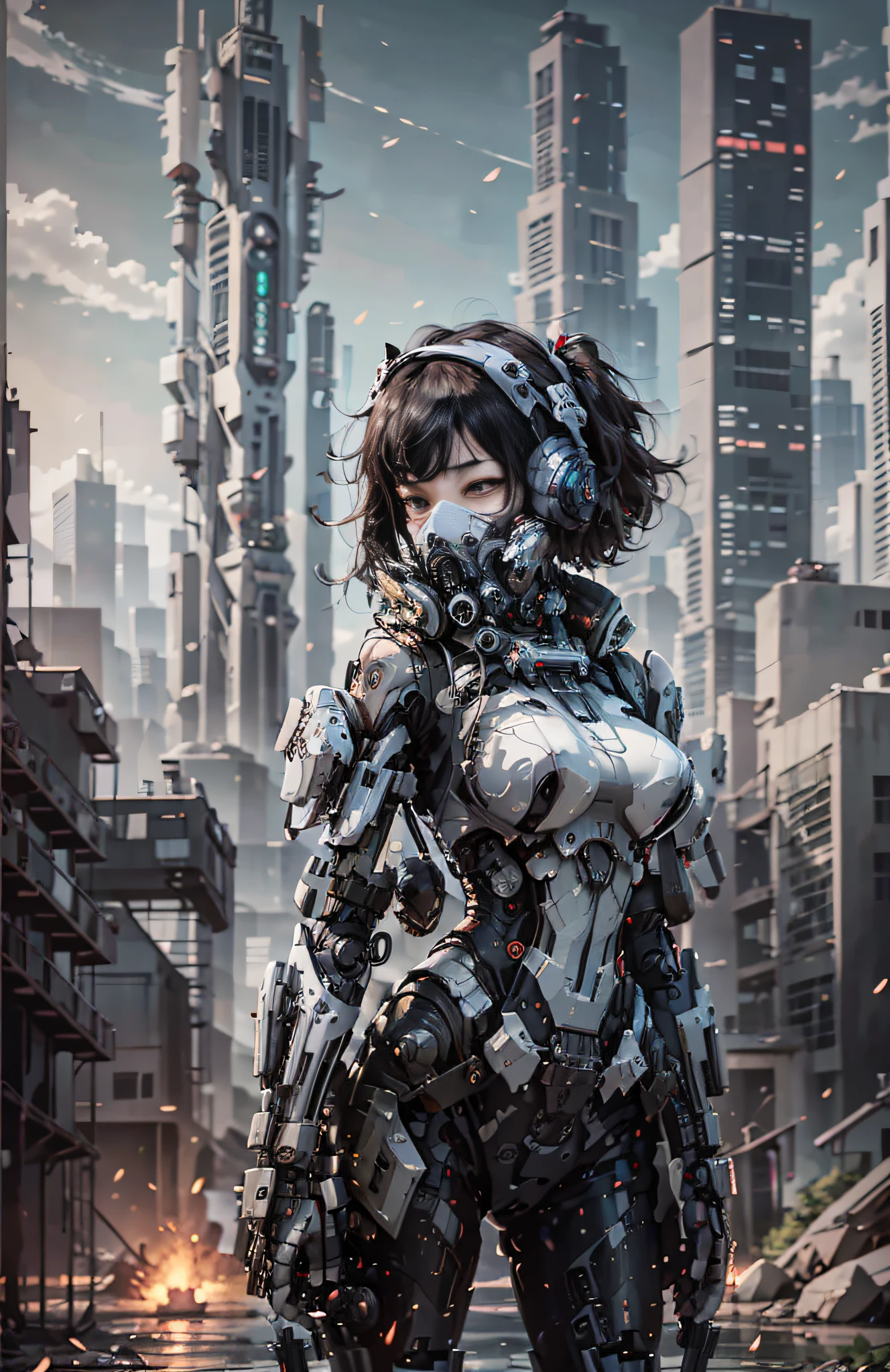 This is a CG Unity 8k wallpaper with ultra-detailed, high-resolution and top quality in cyberpunk style, dominated by black and red. In the picture, a beautiful girl with white messy short hair, a delicate face, wearing a steam mecha mask, standing on the ruins, behind her is a huge robot, and the action of a woman holding a heavy sniper rifle in her hand,