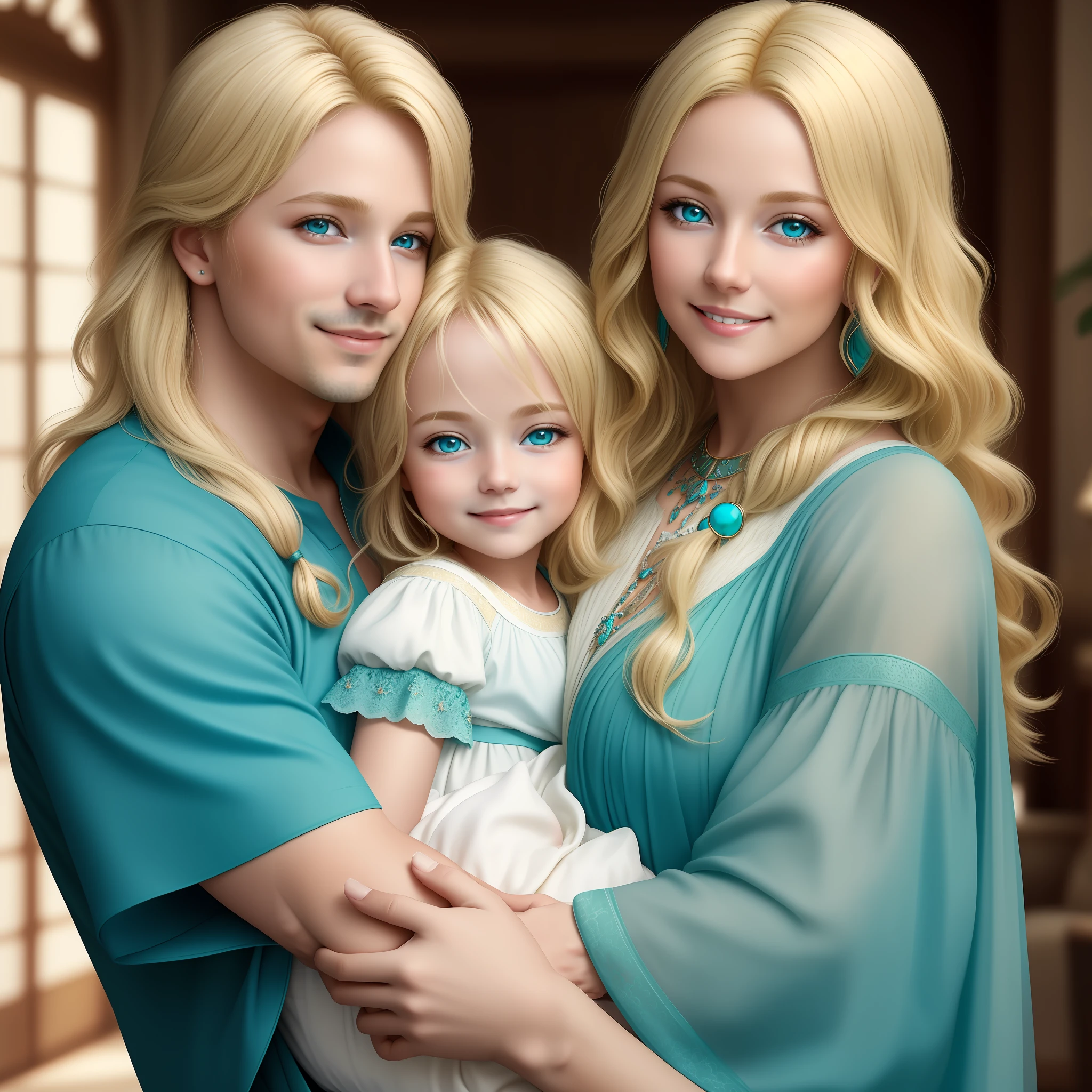 (Masterpiece) 8K resolution, mother holding baby, father cuddling, mother has blonde long hair, green gentle eyes, father beige blonde short hair, turquoise blue eyes, kind smile, fantasy style,