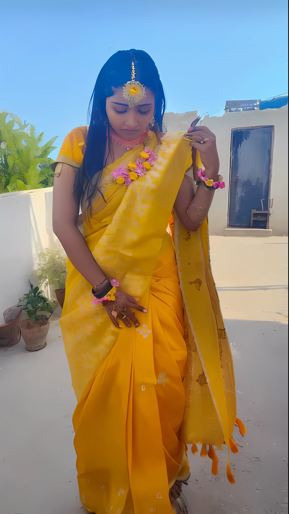 a woman in a yellow sari is holding a flower, dressed in a sari, with yellow cloths, traditional beauty, wearing sari, wearing a sari, very beautiful enga style, with lovely look, wearing wheat yellow gauze, in style of neodada, wearing a steampunk sari, she is about 1 6 years old, very beautiful photo, very very low quality picture