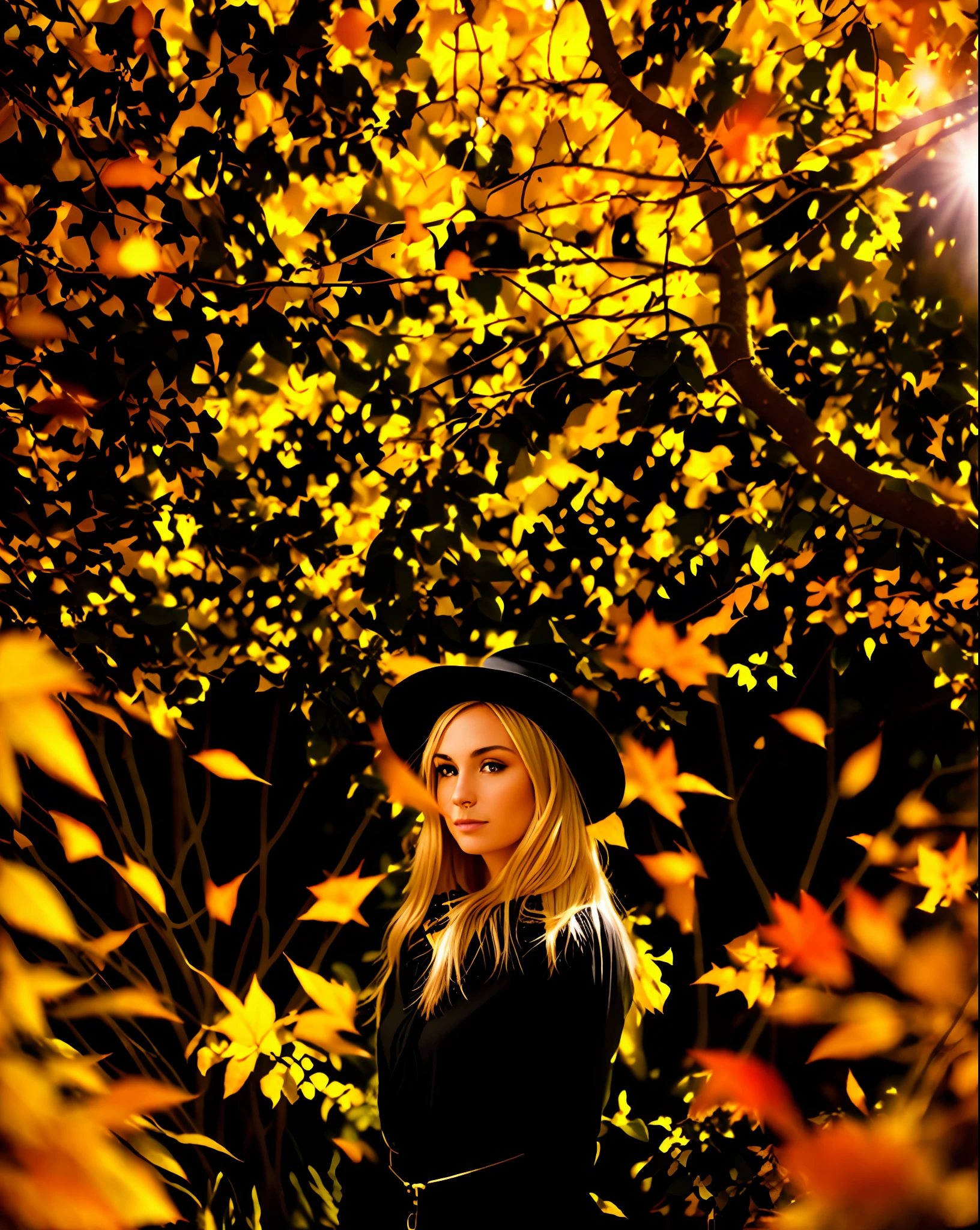 blond woman in black hat and black dress standing in front of a tree, in fall, amongst foliage, golden hues, 50mm portrait, 3 5 mm portrait, in the autumn, in the golden hour, golden autumn, 60mm portrait, 7 0 mm portrait, 1 3 5 mm nikon portrait, golden glow, wearing black dress and hat