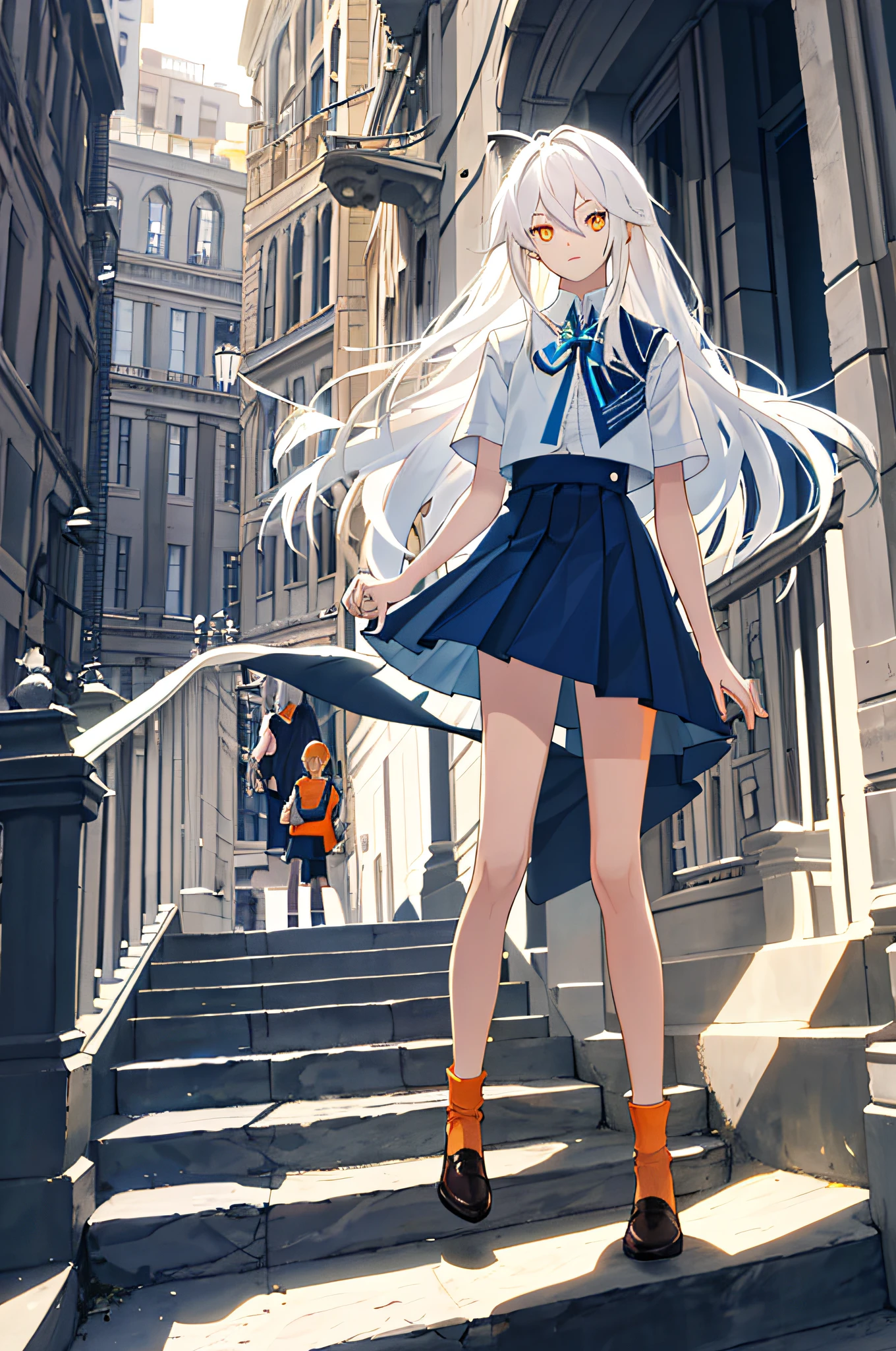Masterpiece, best quality, best light and shadow, ((teenager, male)), long white hair, straight hair, no bangs, orange eyes, dark blue skirt, white, blue, mall, city