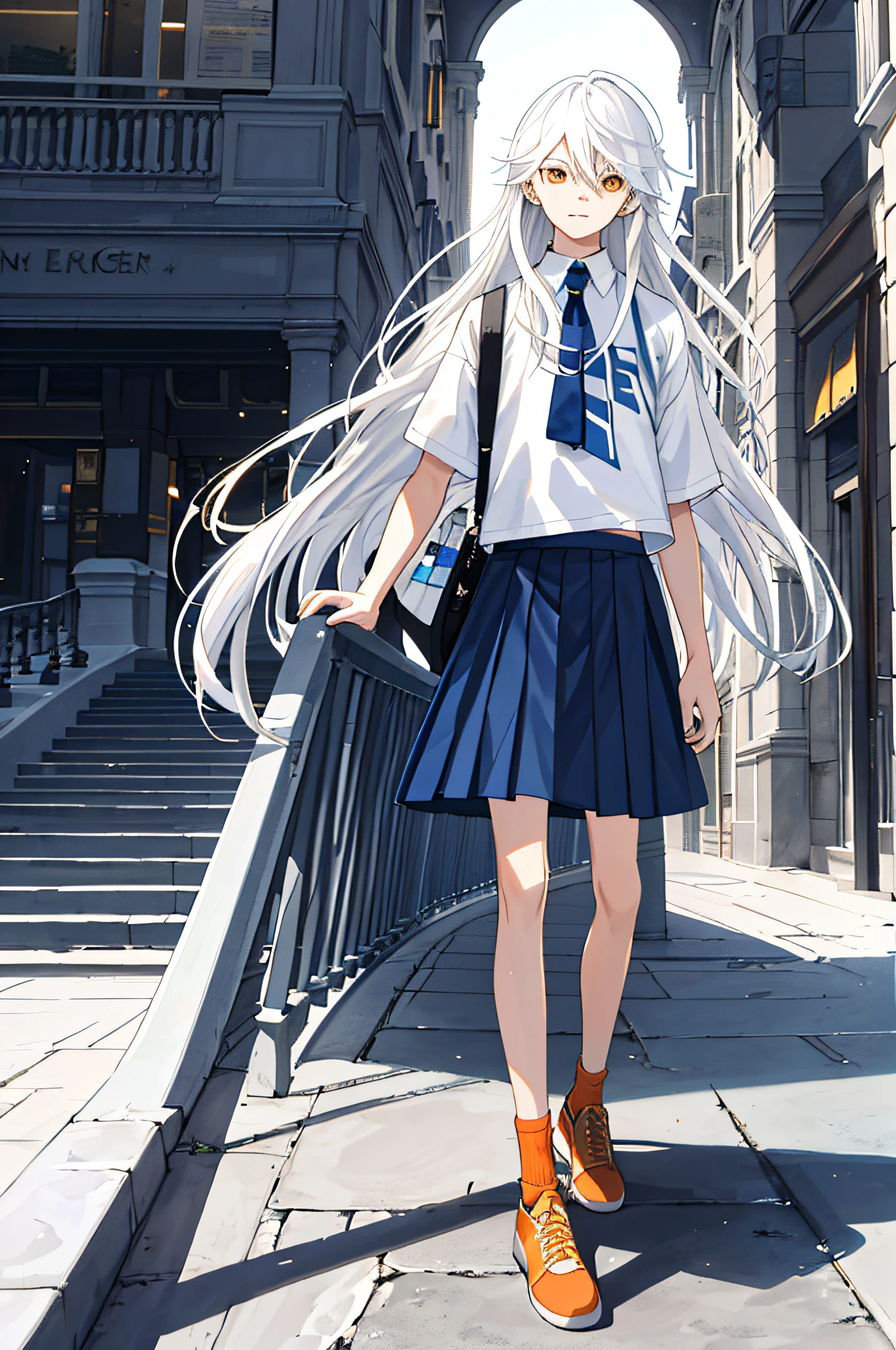 Masterpiece, Best Quality, Best Light and Shadow, ((Teenager, Male)), White Hair, Straight Hair, No Bangs, (Long Hair: 1.4), Orange Eyes, Dark Blue Skirt, White, Blue, Mall, City