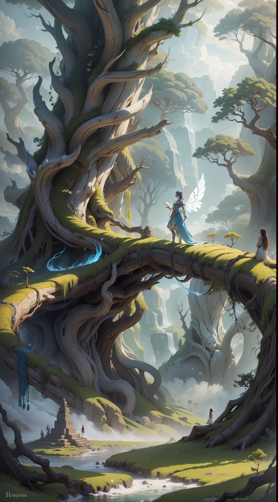 Mythological story picture: a huge and mysterious ancient tree, surrounded by white clouds floating in the air. On the branches of the ancient tree, a simple-dressed fairy stood quietly, as if thinking about something. In her hand was a heavy chest inlaid with glittering jewels. In the distance, a flying dragon streaks across the sky, reminiscent of ancient myths and legends.