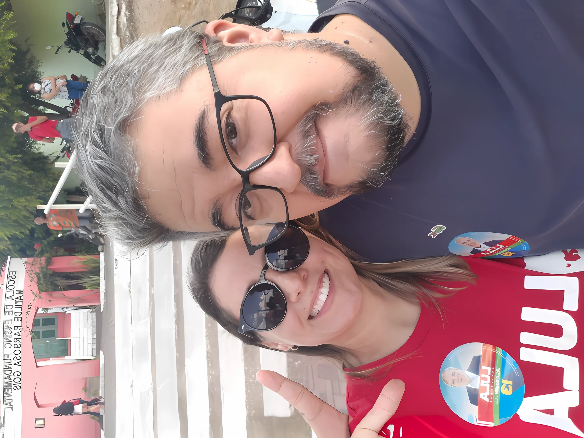 they are posing for a picture in front of a building, very very low quality picture, in sao paulo, foto realista, by Nándor Katona, with godray, profile image, photo taken in 2 0 2 0, selfie, happy couple, selfie photo, andrea rocha, momma and papa, edu souza