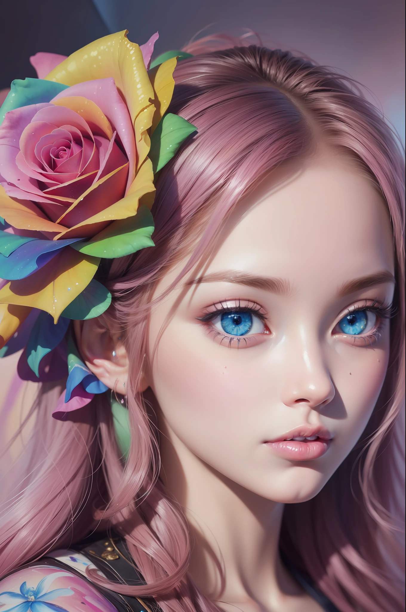 ( Absurd, High quality, ultra-detailed, masterpiece, concept art, smooth, highly detailed artwork, hyper-realistic painting )beautiful eyes(eyes detailed),1 pretty girl, Rose with pink, yellow, and blue color, Rainbow, dreamy, clouds, Vivid, fantasy