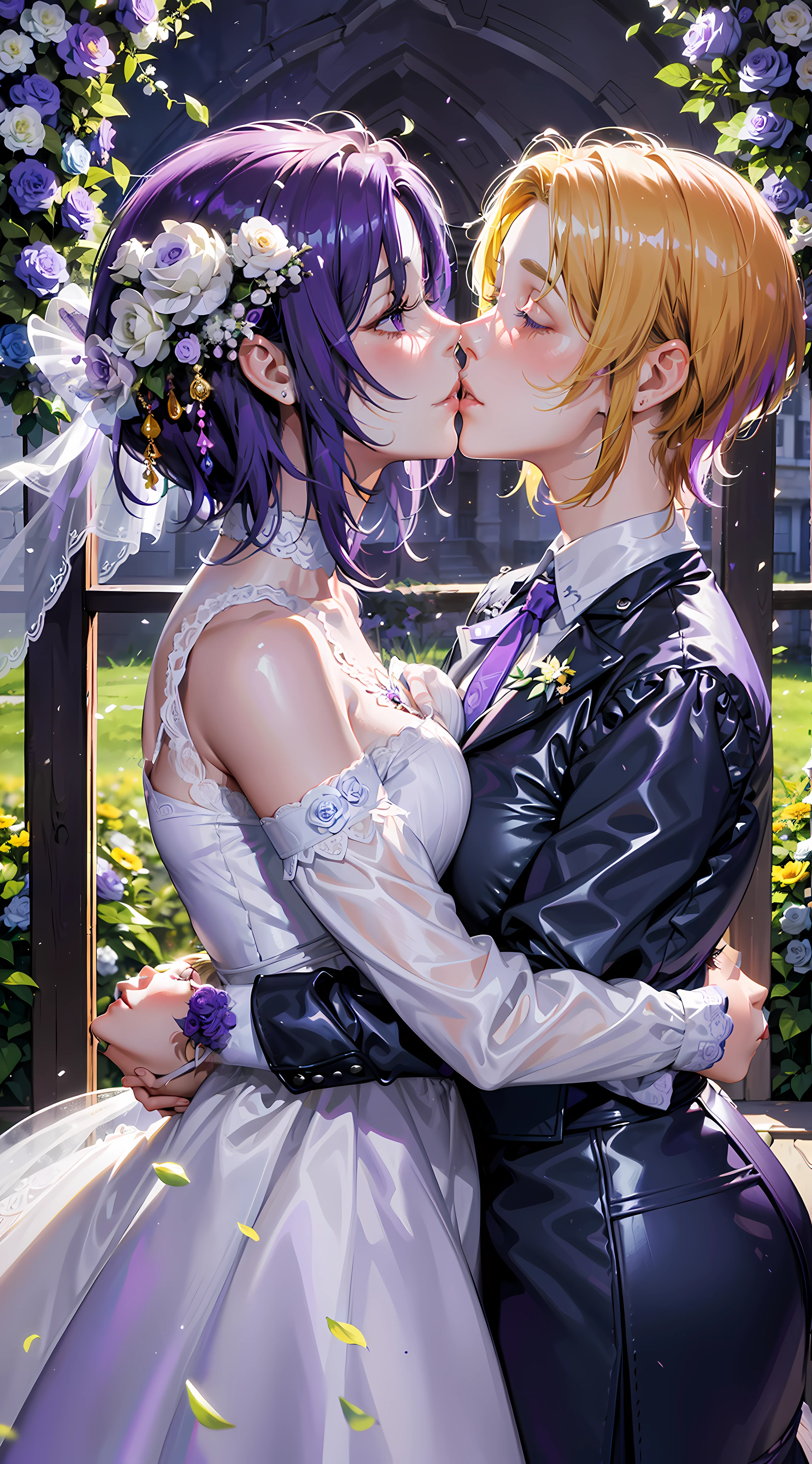 8K, Masterpiece, One Purple Hair and One Yellow Hair, Bride Hugging Each Other in a Garden of Flowers, Photo of Pat Adams, Romanticism, Lesbian Kiss, Alana Fletcher, Lesbian Hug, Kissing Each Other, Bride, Kissing Together, Hugging Each Other, Kissing Together Perfectly, Clovely, Goddess, Two Beautiful Women in Love, Bouquet
