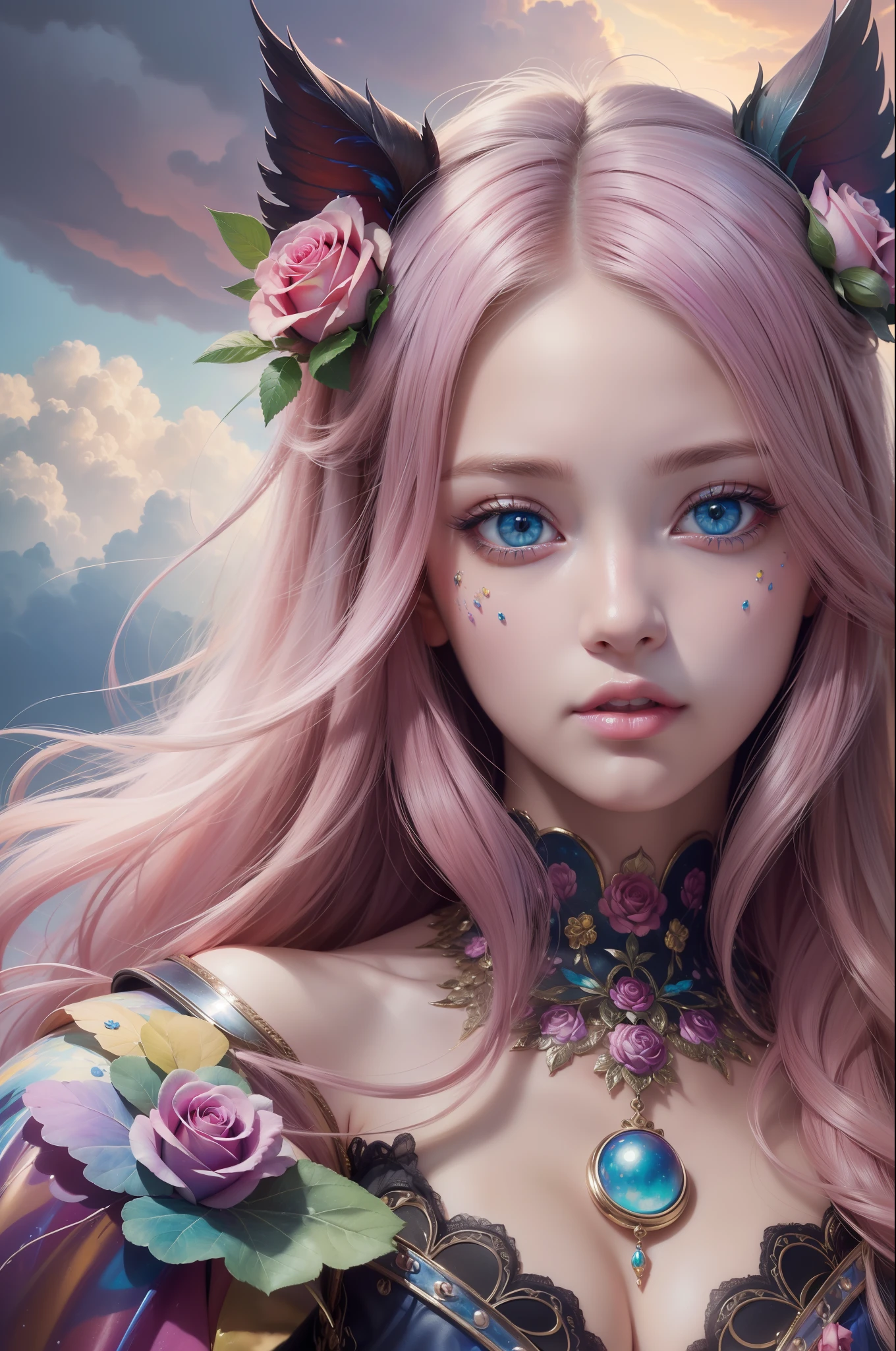 ( Absurd, High quality, ultra-detailed, masterpiece, concept art, smooth, highly detailed artwork, hyper-realistic painting )beautiful eyes(eyes detailed),1 pretty girl, Rose with pink, yellow, and blue color, Rainbow, dreamy, clouds, Vivid, fantasy
