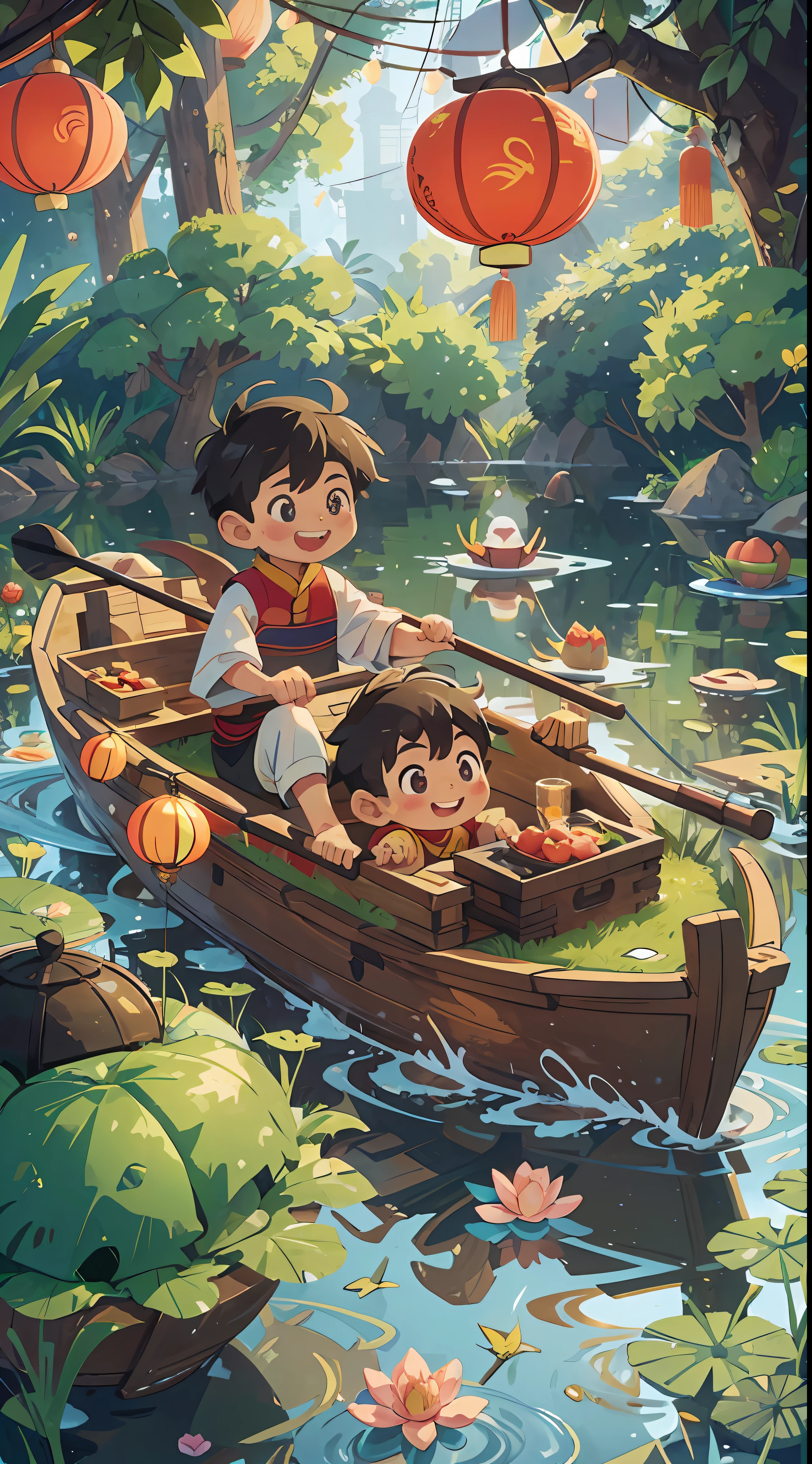 Chinese Dragon Boat Festival scene, a cute from Chinarowing a Chinese dragon boat, he is happy and smiling, ricedumplings, lotus lanterns floating in the river, bright background, filmshot, art nouveau style, organic smooth lines, futuristic Colorful wavesof pie, intricate and bizarre illustrations, swirls, colorful turbulence,high-resolution ultra-detailed --s 400