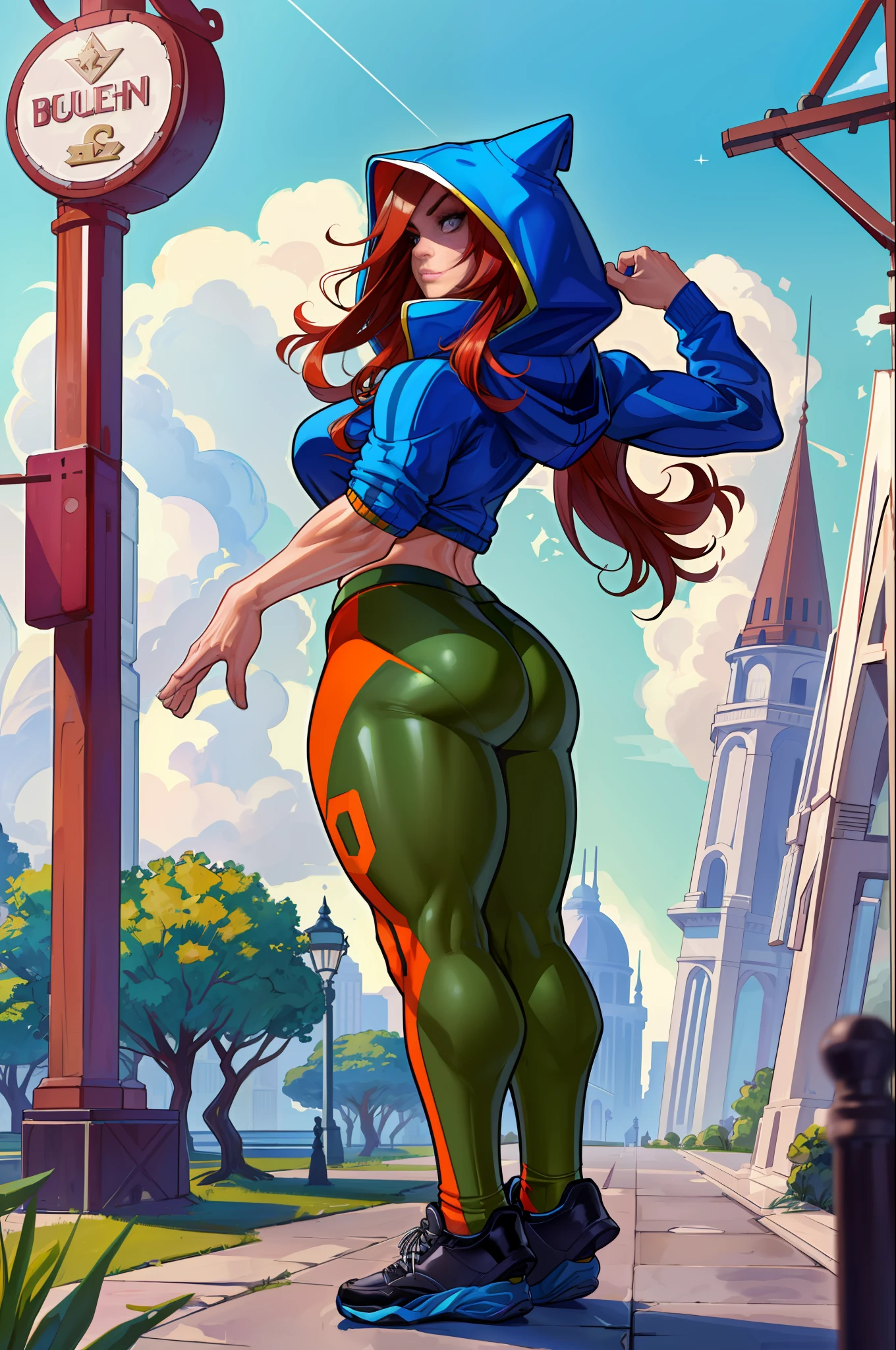 bodybuilder, musuclar, oversized hoodie, large ass, 1girl, strong shoulders, auburn long hair, masterpiece, best quality, shoes, full body, posing for a picture, beautifully color-coded, socks, scrunchbutt leggings white background, studio, looking away, covered by hood
