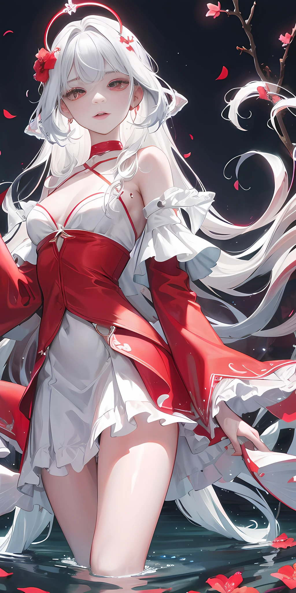 Close-up, looking at the camera, beautiful girl, garlic, flower, (beautiful girl), delicate facial features, detailed portrayal of the corners of the eyes, bust photo, moist lips, sad eyes, long white hair, smooth and delicate skin, ((red clothes)), red long skirt, bare thighs, brilliant and colorful, fantasy art, mysticism, dream scene, dream, dream light, seduction, psychedelic, misty halo, (((night))), ((night)), river bank, full of flowers on the other side, dreamy, flying red tiny petals, Red fluorescent petals, fluorescent flowers, fluorescent flowing water, standing in water, shallow water, master works, extreme detail, dissection correctly, correct limbs, accurate, hud, HD, exquisite details, 8K, red light