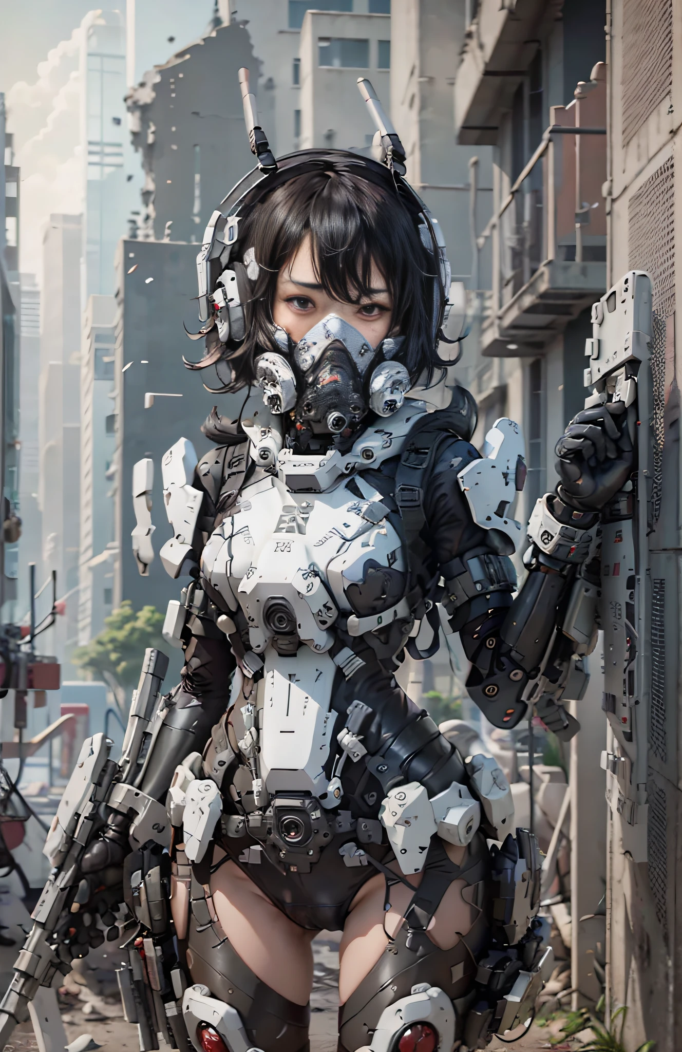 This is a super detailed, super high facial detail, high resolution and top quality CG Unity 8k wallpaper, the style is cyberpunk, mainly black and red. In the picture, a beautiful girl with white messy short hair, a delicate face, wearing a steam mecha mask, standing on the ruins, behind her is a huge robot, and the action of a woman holding a heavy sniper rifle in her hand,