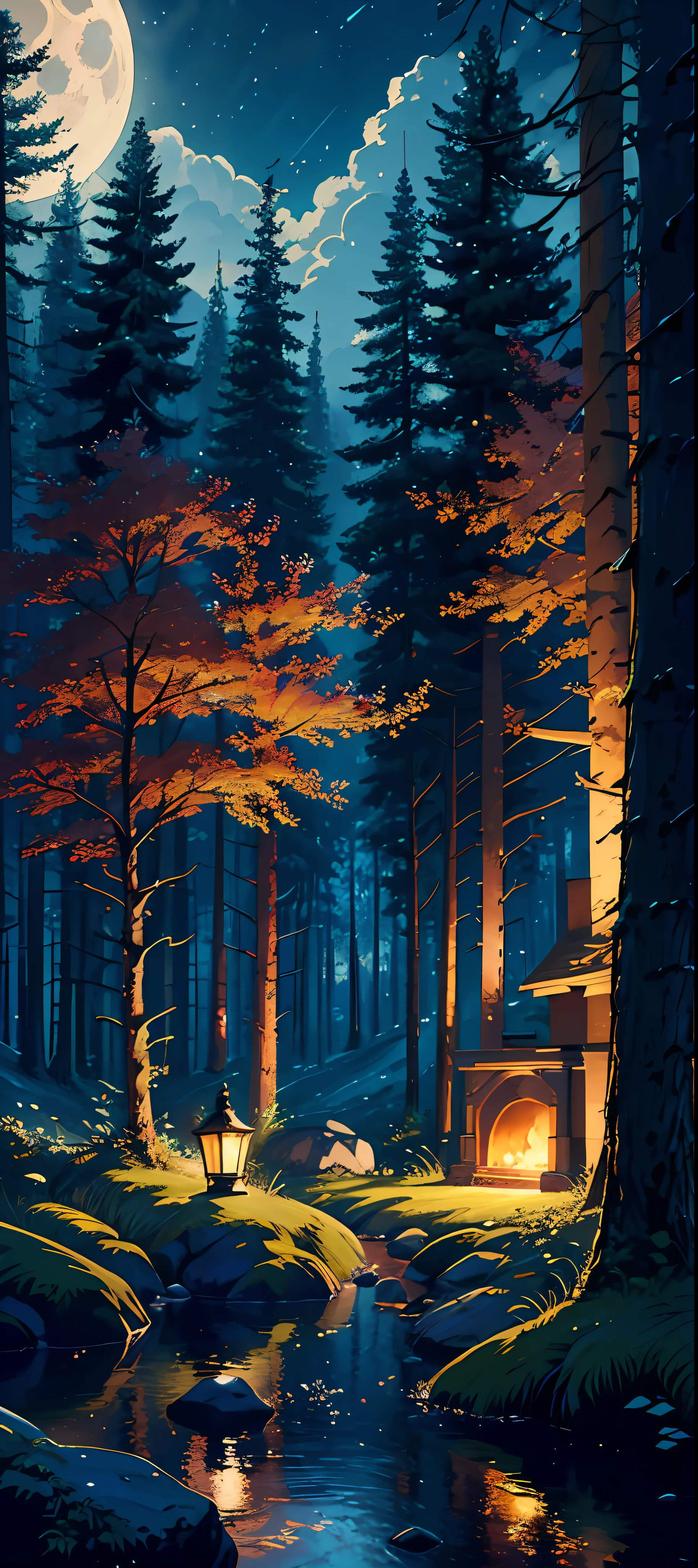 ((highres, best quality, 16k, masterpiece, resolution)), (a forest in the night), (((beautiful))), fireplace, moon, cliff