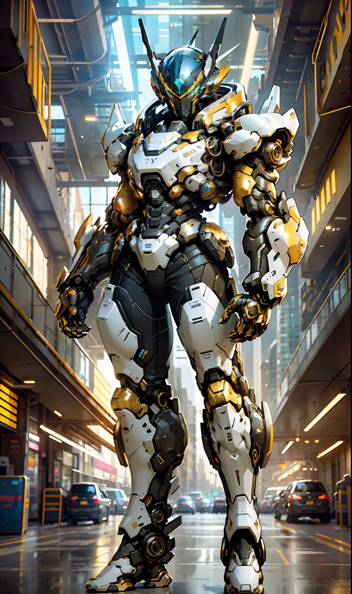 1 woman inside a huge bulky exoskeleton robot , ((bulky)) armor, crystal mecha, psychedelic details,
9d,(city war background), clean lines, negative space, high contrast, gradient color, (golden black),show full body portrait , best images quality, perfect resolution