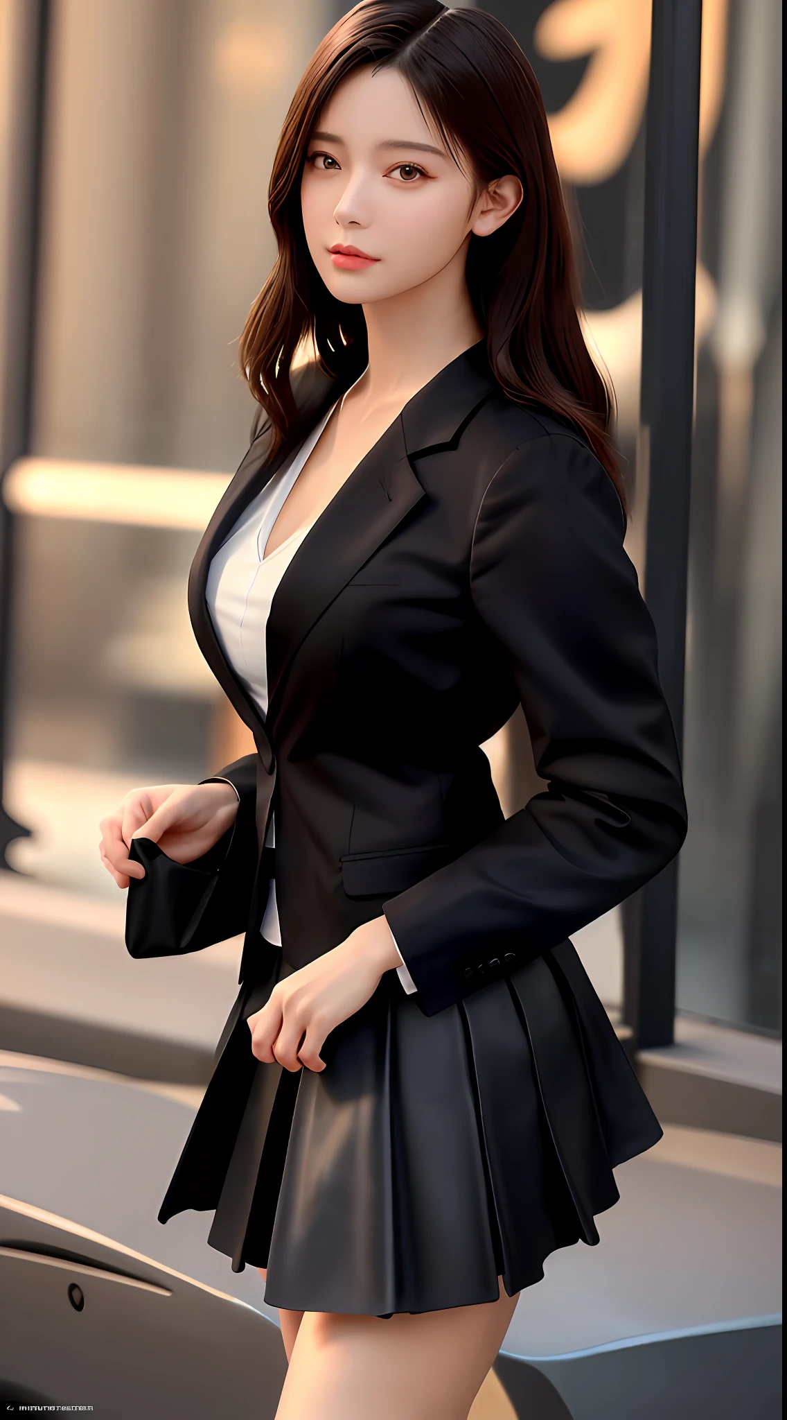 best quality, masterpiece, 1girl, Beautiful face, (photo realistic:1.3), rim lighting, (high detailed skin:1.2), 8k uhd, dslr, high quality, high resolution, 4k, 8k, Bokeh,  absurdres, best ratio four finger and one thumb, (realistic:1.3), cute 1girl, wearing black formal blazer, medium breasts, short skirt,