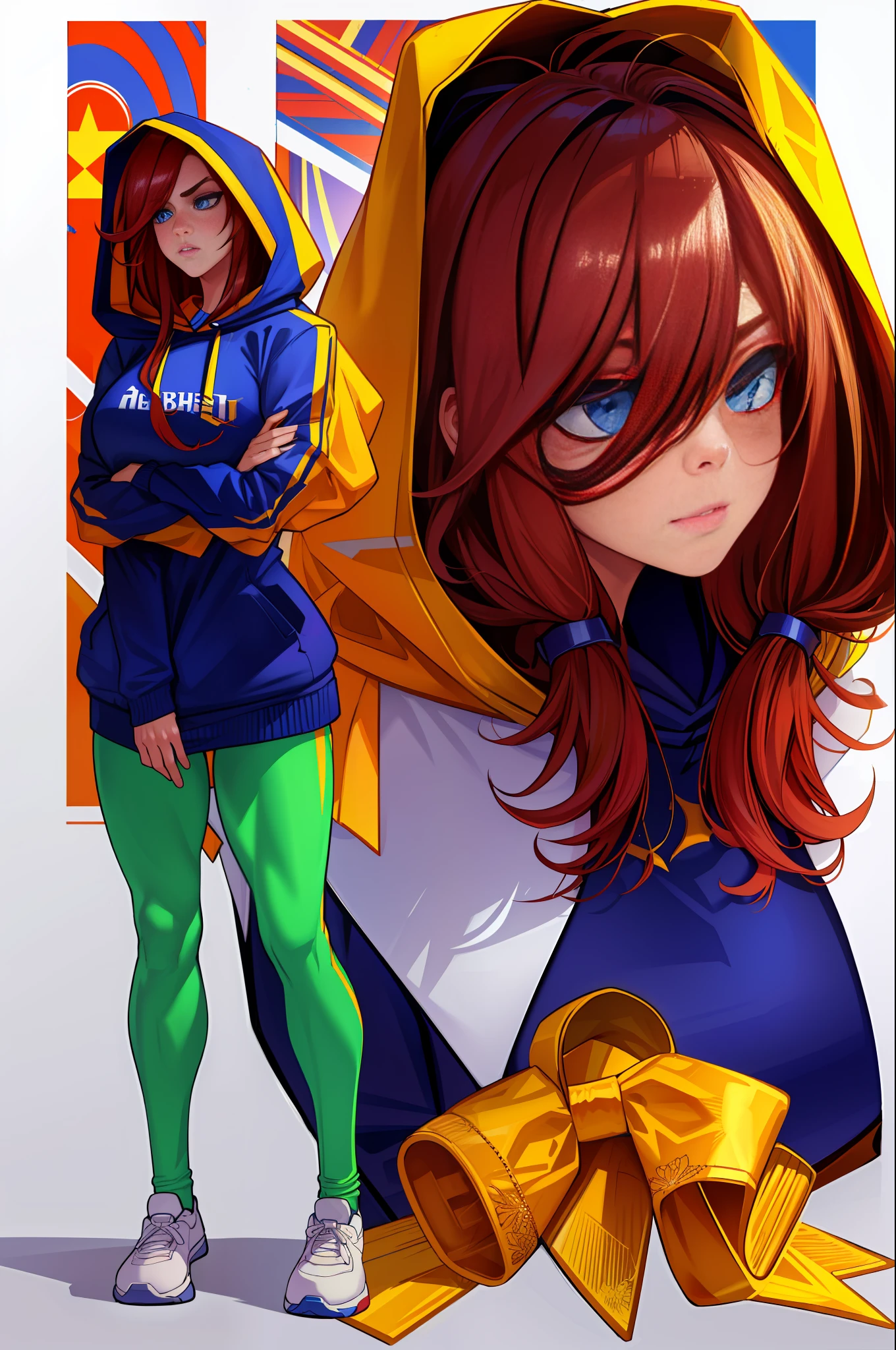 bodybuilder, musuclar, oversized hoodie, large ass, 1girl, strong shoulders, auburn long hair, masterpiece, best quality, shoes, full body, posing for a picture, beautifully color-coded, socks, scrunchbutt leggings white background, studio, looking away, covered by hood