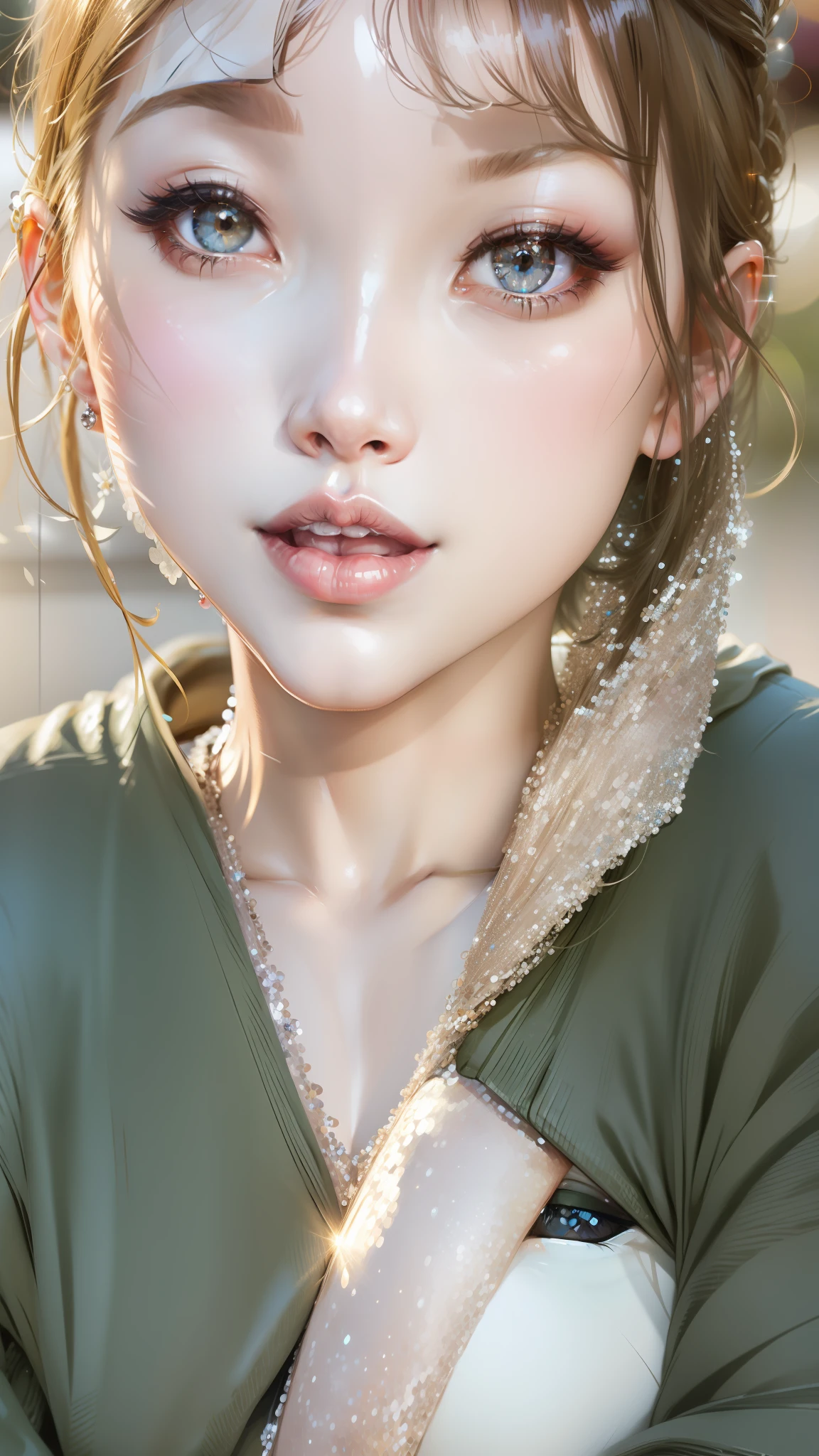 Sparkling eyes, sequin eyeshadow, cute playful lips, soft light