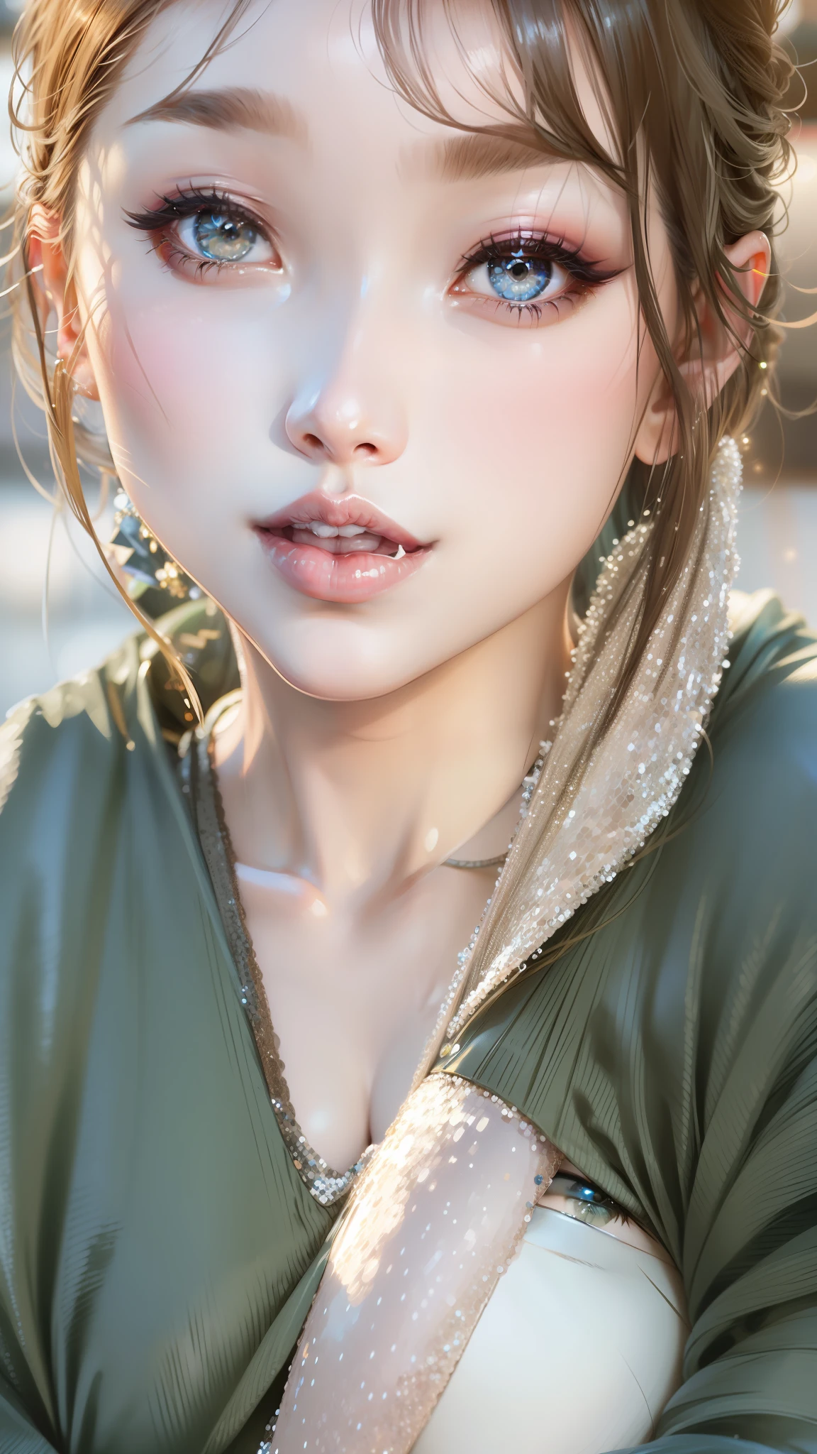 Sparkling eyes, sequin eyeshadow, cute playful lips, soft light
