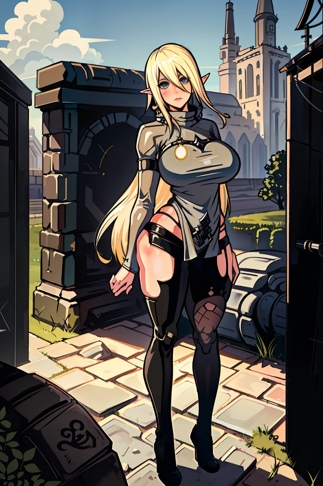 1girl, (((solo))), tatto, masterpiece, best quality, agrias, gray sweater, black mesh, (((standing))), (((looking at the viewer)))), blonde hair, elf ear, ((((large breasts))), konosuba