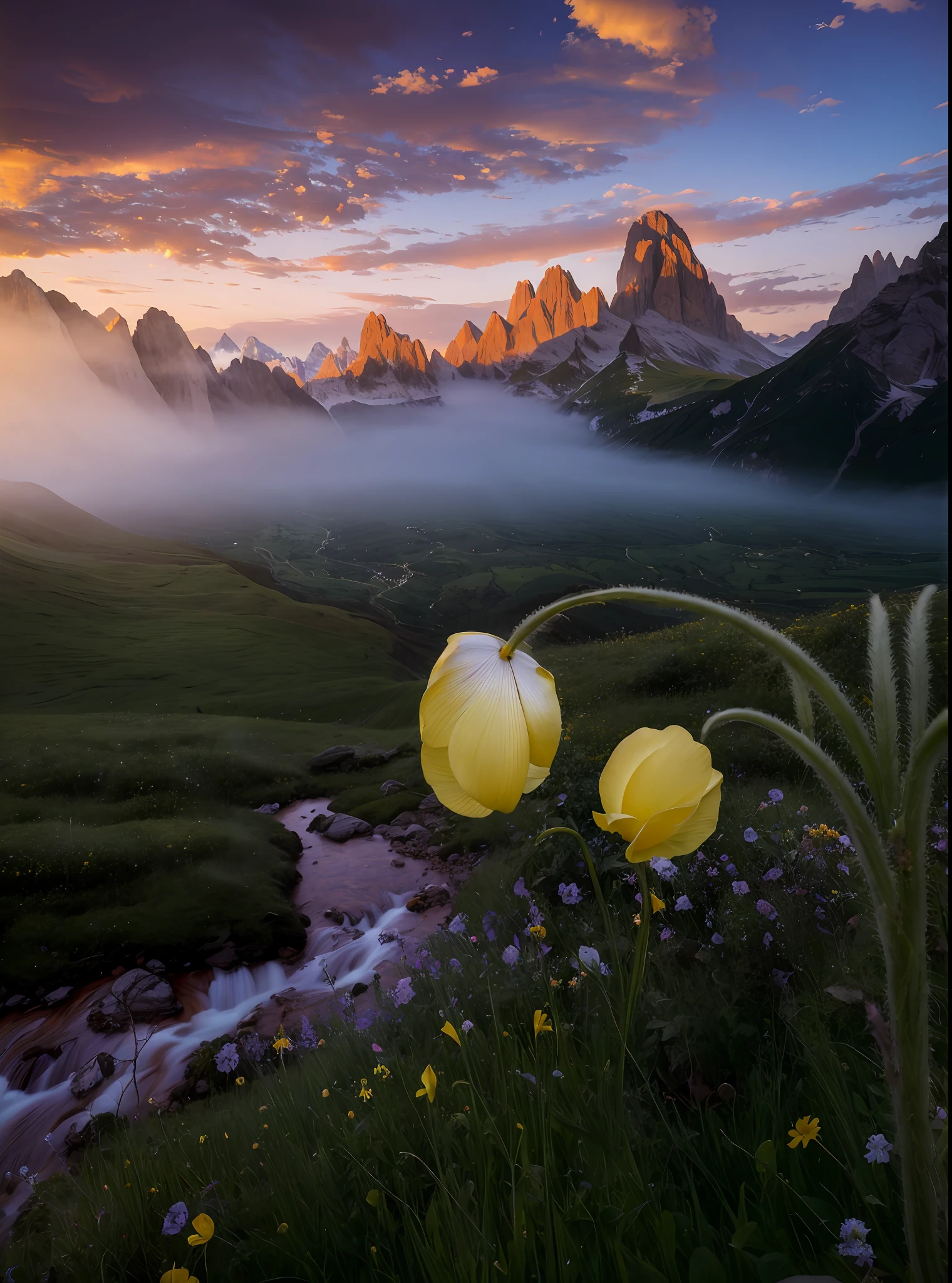 there are two yellow flowers in the foreground of a mountain valley, ryan dyar, marc adamus, lpoty, in the dolomites, “ golden chalice, by Fyodor Rokotov, in a mountain valley, by Cedric Peyravernay, by Alexey Venetsianov, devils horns, alexey egorov