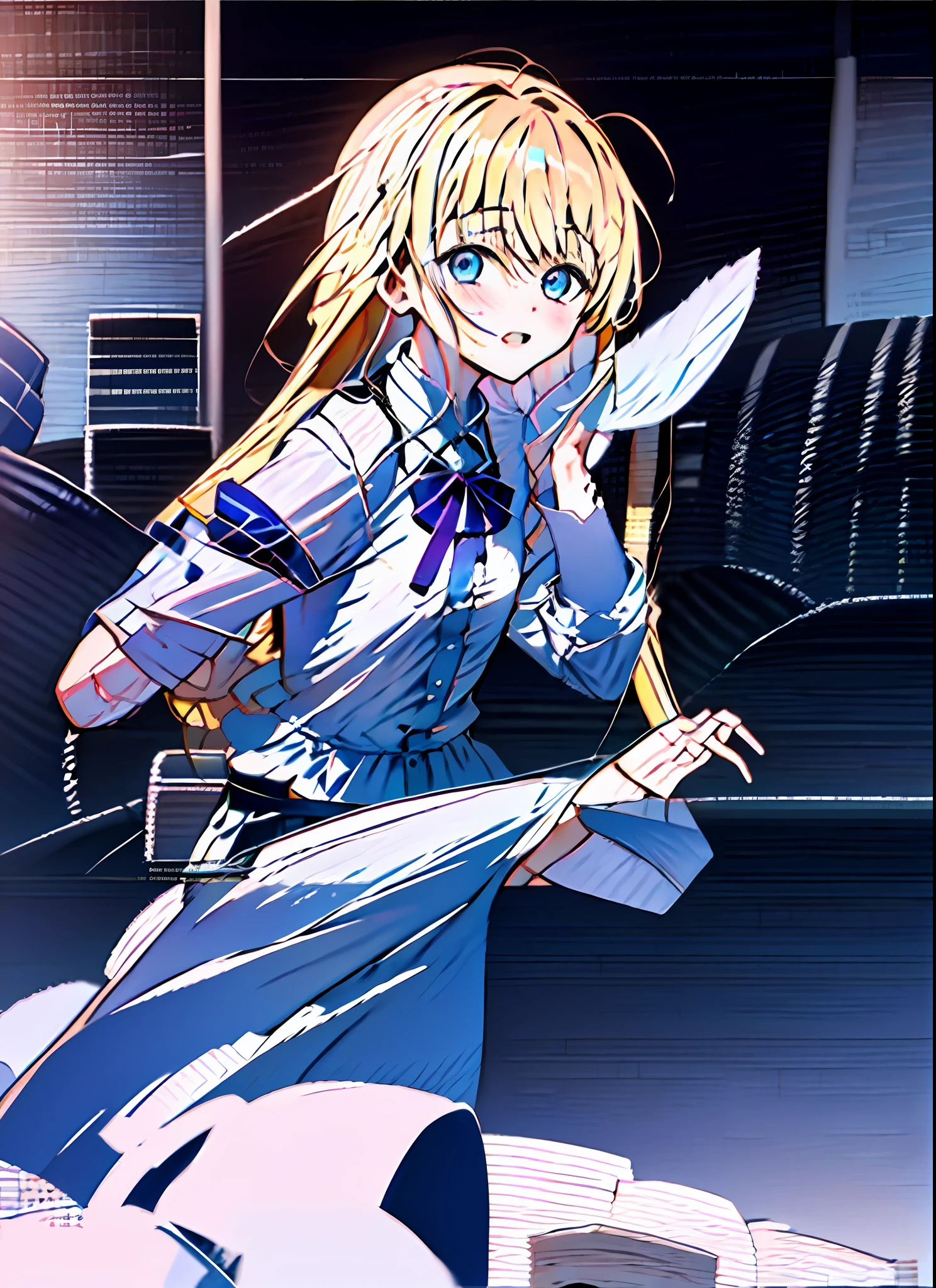 highres, highest quality, illustration, cinematic light, ultra detailed, detailed face, (detailed eyes), best quality, hyper detailed, masterpiece, (detailed face),1girl, cheerful girl, long blonde hair, blue eyes, higher details, luminous eyes, office, sitting in front of the computer, hair stirred with the wind , , gnashing teeth, (((crazy expression)), sitting, window, night sky, backlighting, light rays, (high contrast), (color),