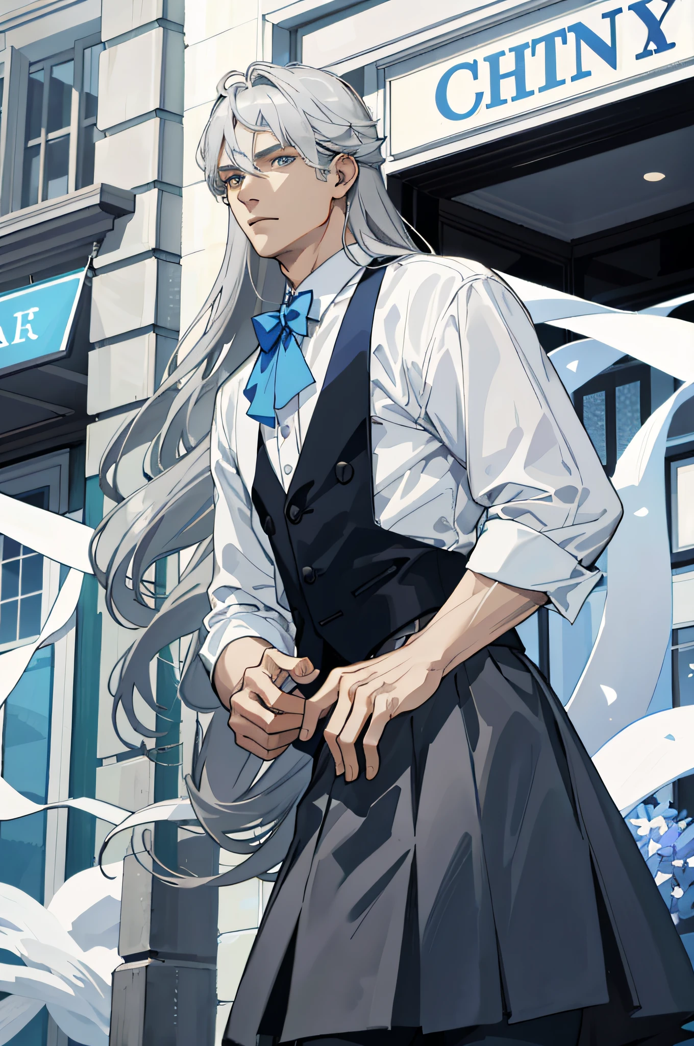 Masterpiece, best quality, 1 male, handsome, delicate eyes, intricate details, (gray hair, long hair, no bangs, delicate skirt, white skin), white, blue, mall, city