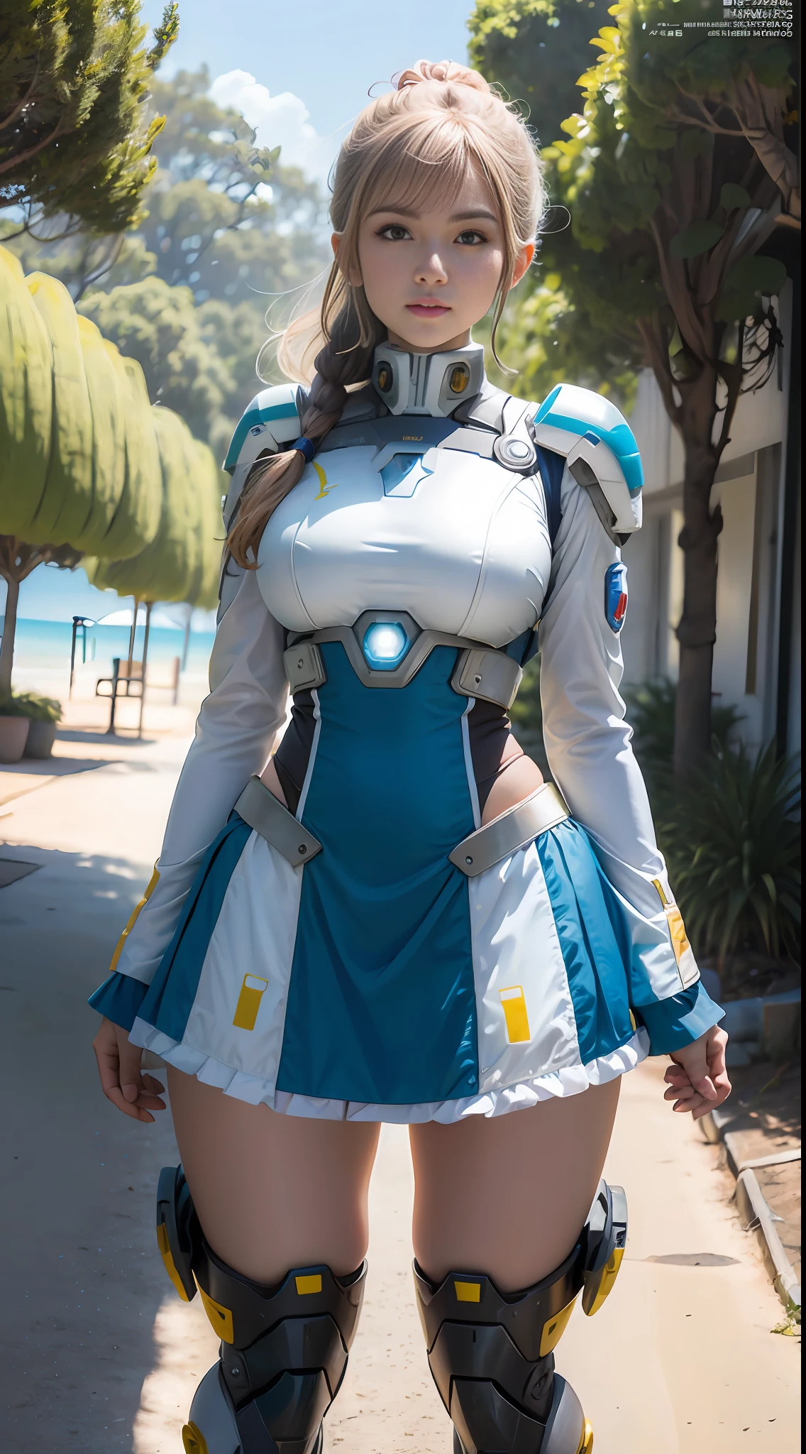 Mecha Maiden, Seaside, (inspired by the Avengers), yellow ponytail, giant robot, full body l blue mech cover, mech girl, safety rating, (8k, foto raw, fotorrealista: 1, 25), (muito brilho labial, muitos cílios, melhor qualidade, ultra alta resolução, profundidade de Campo, Aberração Cromática, Luz Ampla, Cor Natural, distant images (1:2)