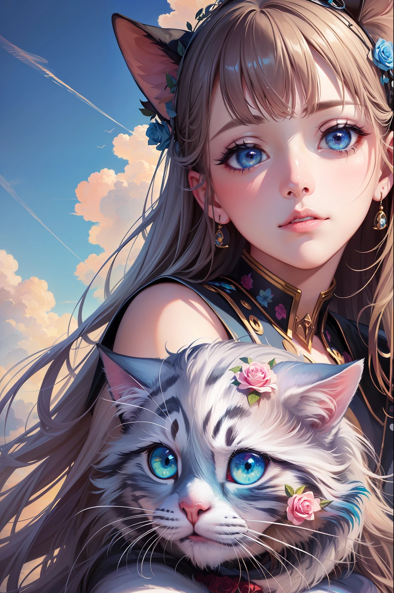 ( Absurd, High quality, ultra-detailed, masterpiece, concept art, smooth, highly detailed artwork, hyper-realistic painting )beautiful eyes(eyes detailed),1 girl, Roses with pink, yellow, and blue color, Rainbow in sky, dreamy, in sky with clouds, cat flying with wings , Vivid