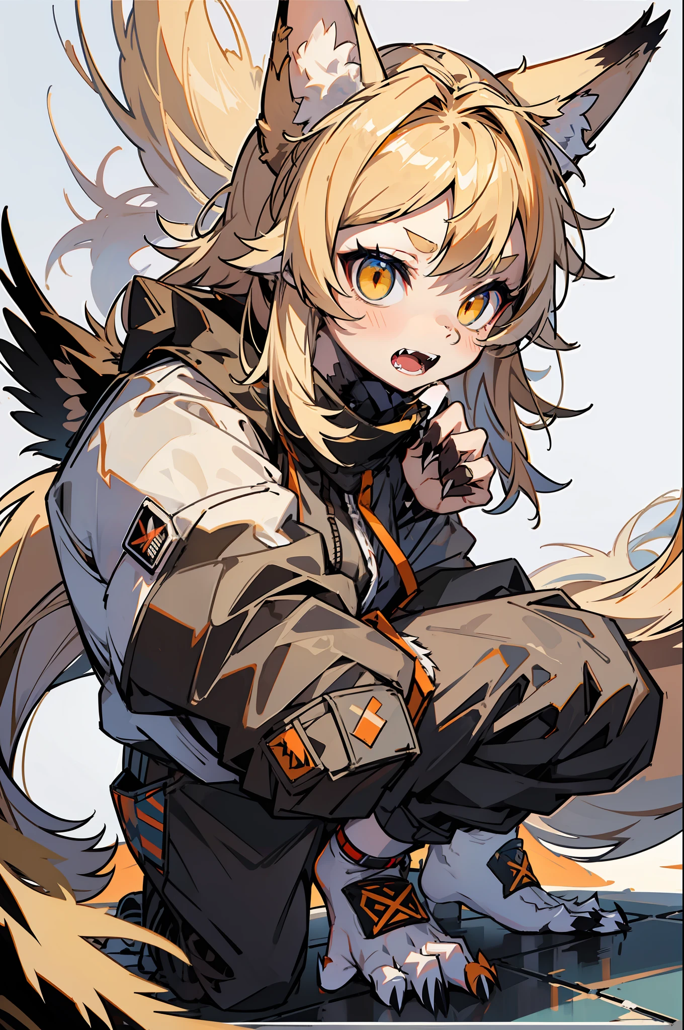 master-piece,hyper quality,hyper detailed,perfect drawing,1 beautiful girl, micro bikini, wolf ears, wolf tail, wolf palm, wolf paws, wolf fingers, sharp claws, sharp fangs, eyes aiming at prey, brown and blond mesh, sharp eyes, fluffy, height 175cm, three sizes B90W55H85, kneeling, pow pause