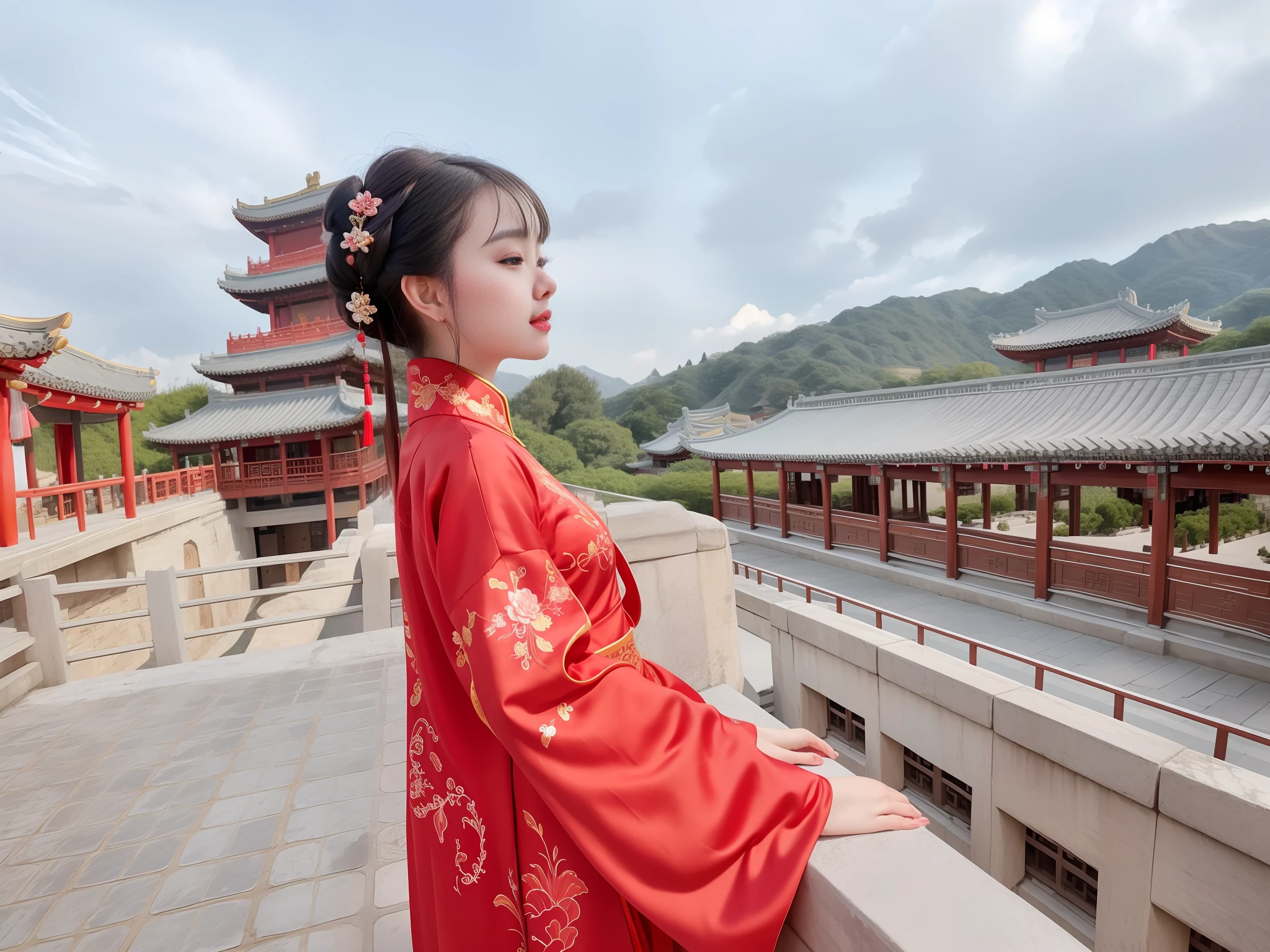 araffe woman in red dress standing on a stone wall, palace , a girl in hanfu, wearing ancient chinese clothes, traditional chinese clothing, wearing a red cheongsam, with acient chinese clothes, chinese costume, traditional chinese, chinese woman, hanfu, chinese dress, wearing ornate silk clothes, chinese heritage, chinese girl, ancient chinese princess