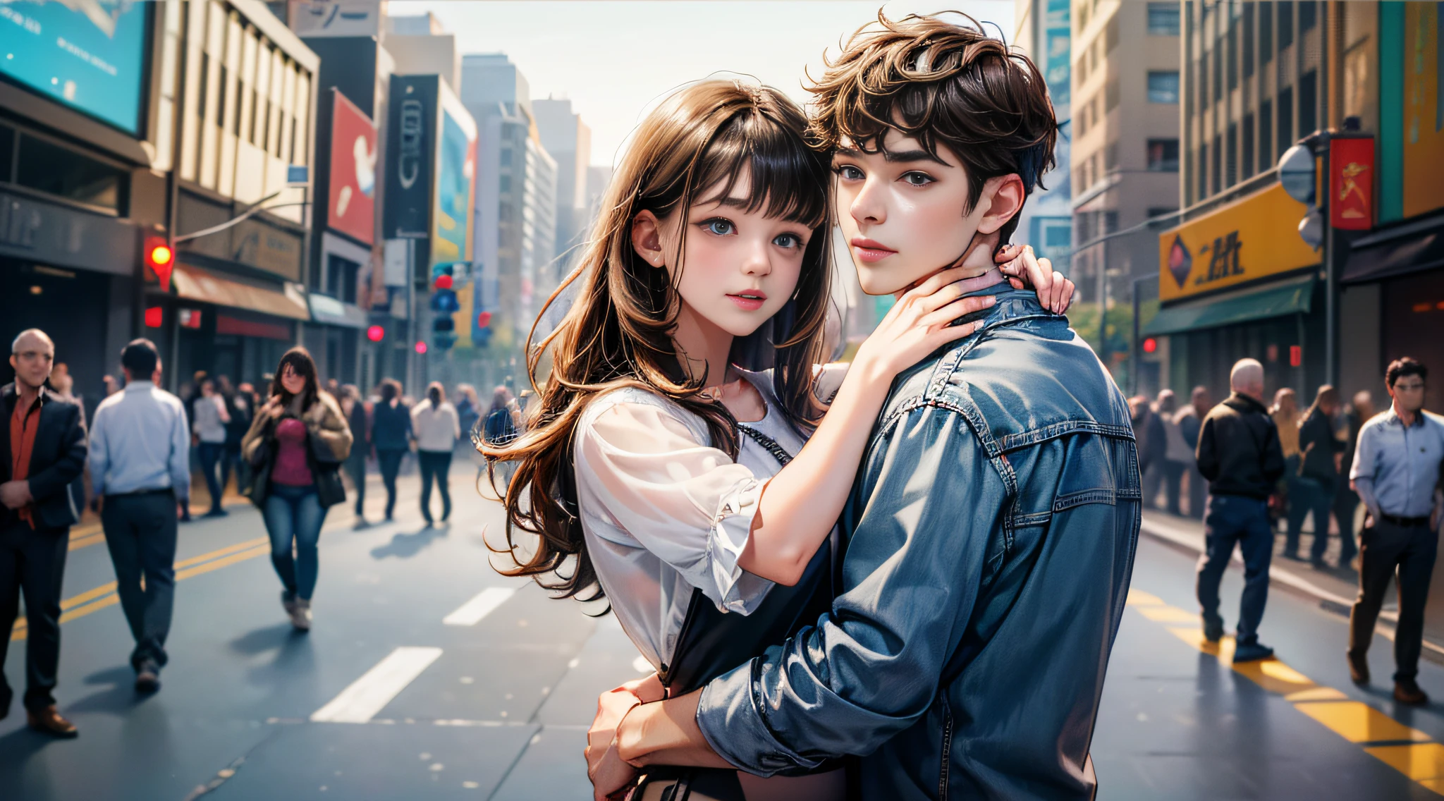 Boy hugging girl tightly, (girl: 23 years old, curly, long hair, brunette hair, casual wear, slim), (boy: 23 years old, short hair, straight hair, brunette hair, bangs, casual wear), background is public security bureau, diorama drawing, anime, UHD, textured skin, high quality, high detail --auto --s2