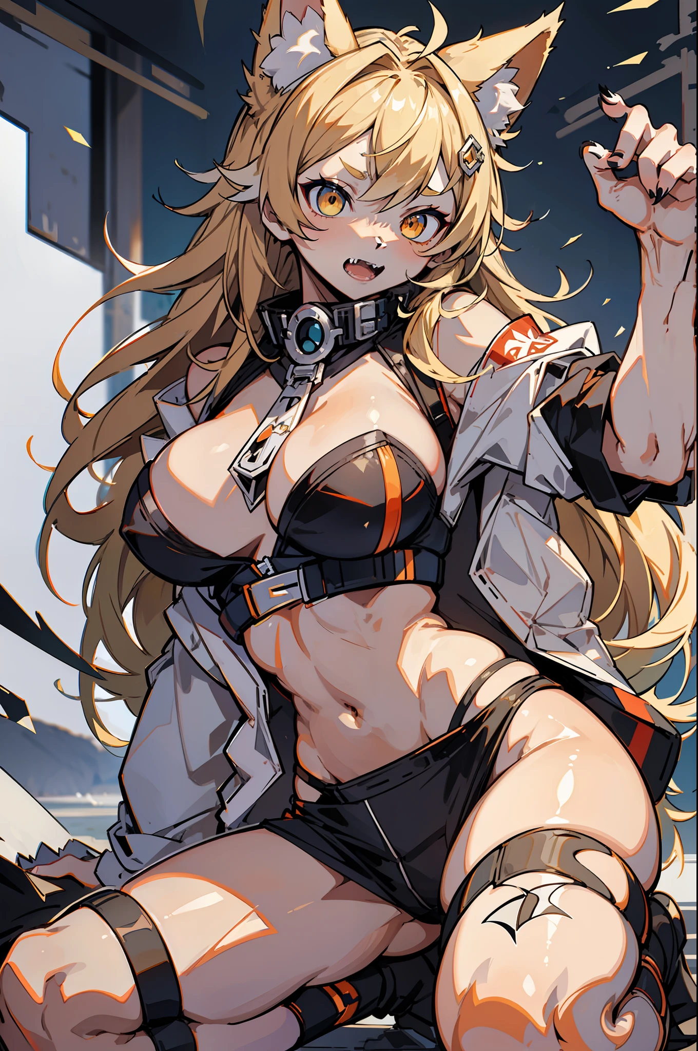 master-piece,hyper quality,hyper detailed,perfect drawing,1 beautiful girl, micro bikini, wolf ears, wolf tail, wolf palm, wolf paws, wolf fingers, sharp claws, sharp fangs, eyes aiming at prey, brown and blond mesh, sharp eyes, fluffy, height 175cm, three sizes B90W55H85, kneeling, pow pause
