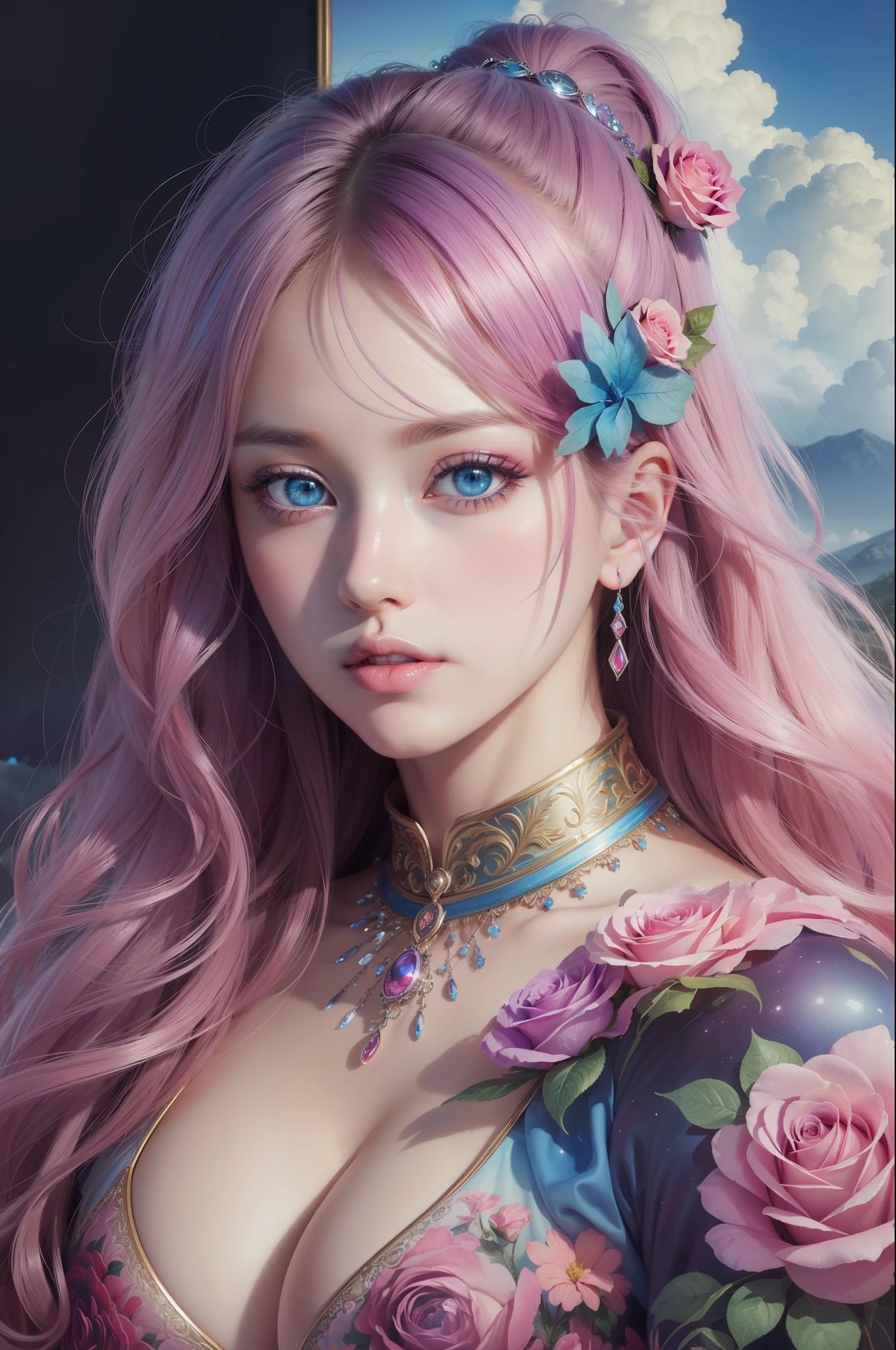 ( Absurd, High quality, ultra-detailed, masterpiece, concept art, smooth, highly detailed artwork, hyper-realistic painting )beautiful eyes(eyes detailed),1 pretty girl, Rose with pink, yellow, and blue color, Rainbow in sky, dreamy, clouds, Vivid, cute and fantasy