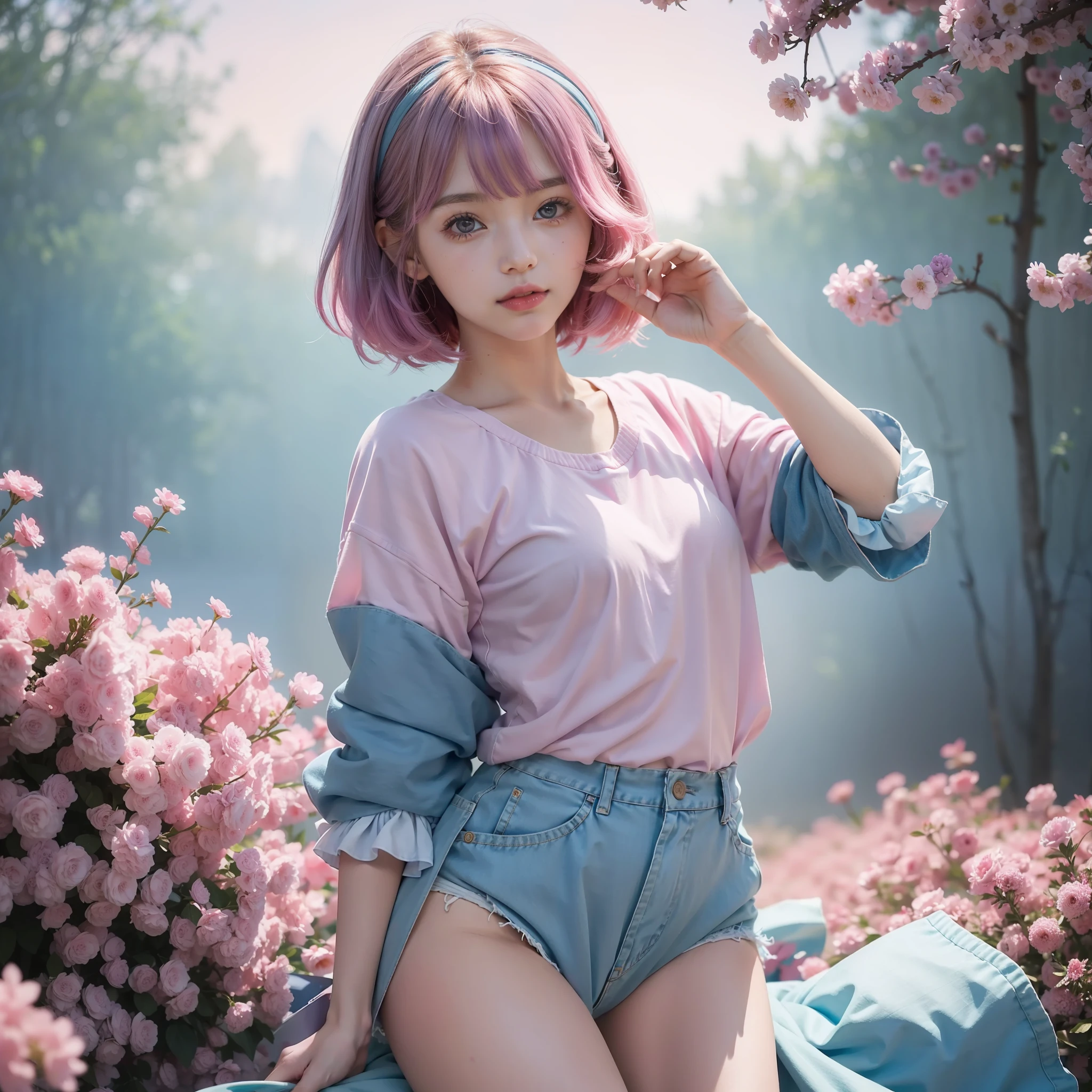 Girl wearing pink vintage shirt holding blue and pink juice shows lively anime pose in mottled background. Her hair color is gradient for an earthy aesthetic, like a charming character illustration that blends and matches patterns, words and emojis. This style has a purple charm, with a post-impressionist style, presenting a dreamy feeling on a white background, 8K HD, summer flat colors.