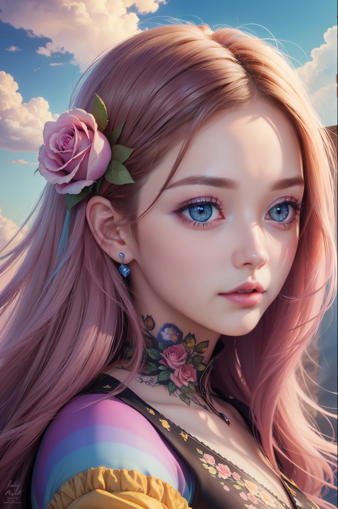 ( Absurd, High quality, ultra-detailed, masterpiece, concept art, smooth, highly detailed artwork, hyper-realistic painting )beautiful eyes(eyes detailed),1 pretty girl, Rose with pink, yellow, and blue color, Rainbow in sky, dreamy, clouds, Vivid, cute and fantasy