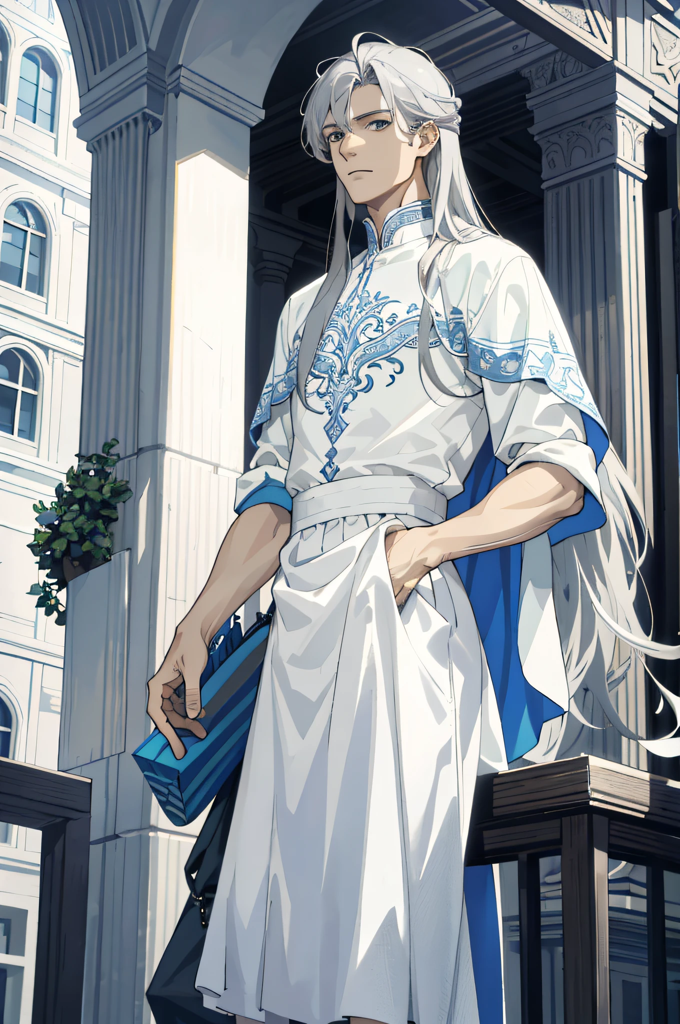 Masterpiece, best quality, 1 male, handsome, delicate eyes, intricate details, (gray hair, long hair, no bangs, delicate skirt, white skin), white, blue, mall, city