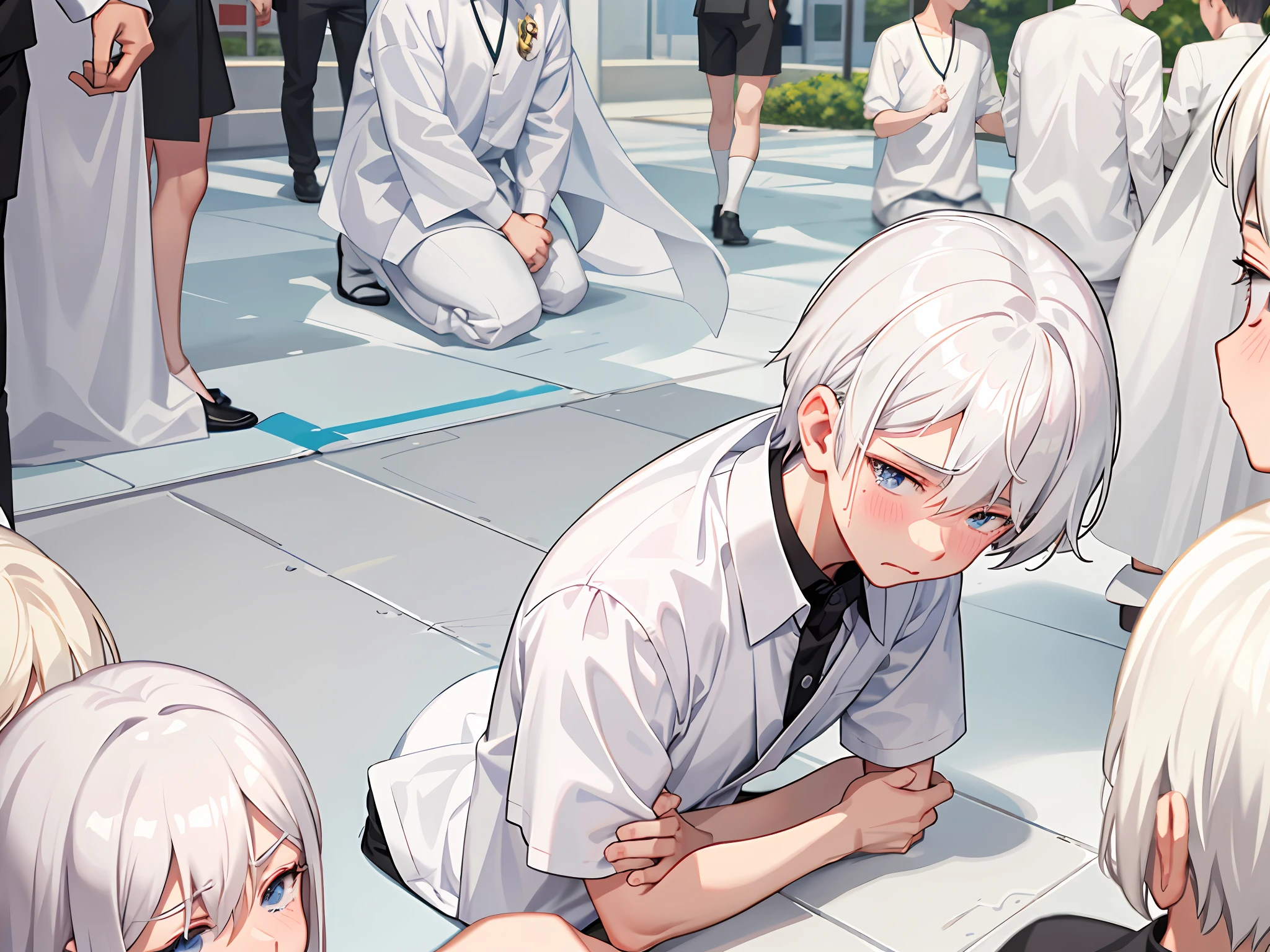 Weak boy, white hair, white shirt, expression crying sitting on the ground, surrounded by several men, upper body, blush, shy, Korean manga style, wide shot