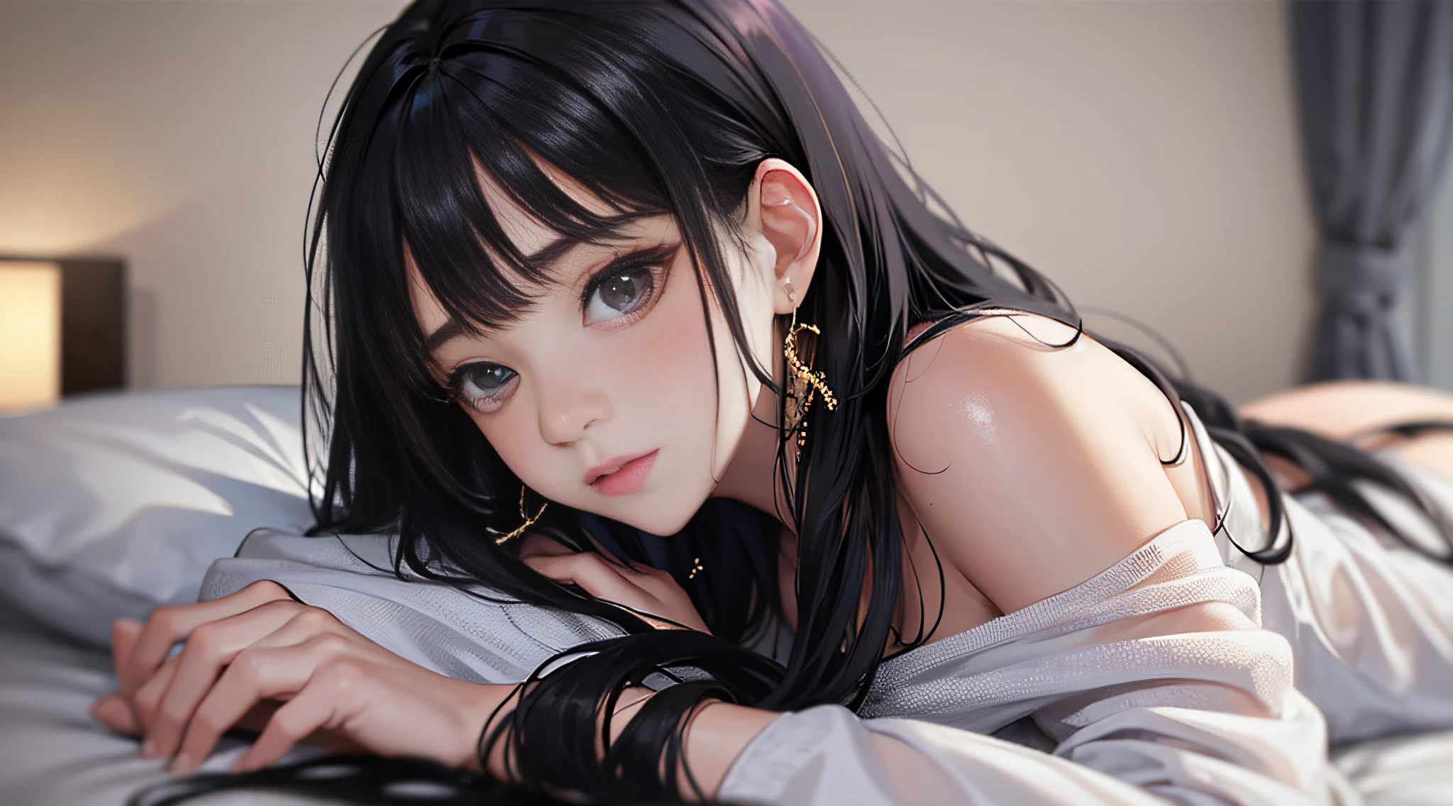 Girl drinks too much, flushes face, lies in bed sleeps, night, dimly lit, shimmering, mood lighting, bedroom in the background, simple bedroom scene, (girl: 21 years old, long hair, curly hair, black hair, casual white dress, simple earrings, slim, graceful girl), stereogram, anime, UHD, textured skin, high quality, high detail --auto --s2
